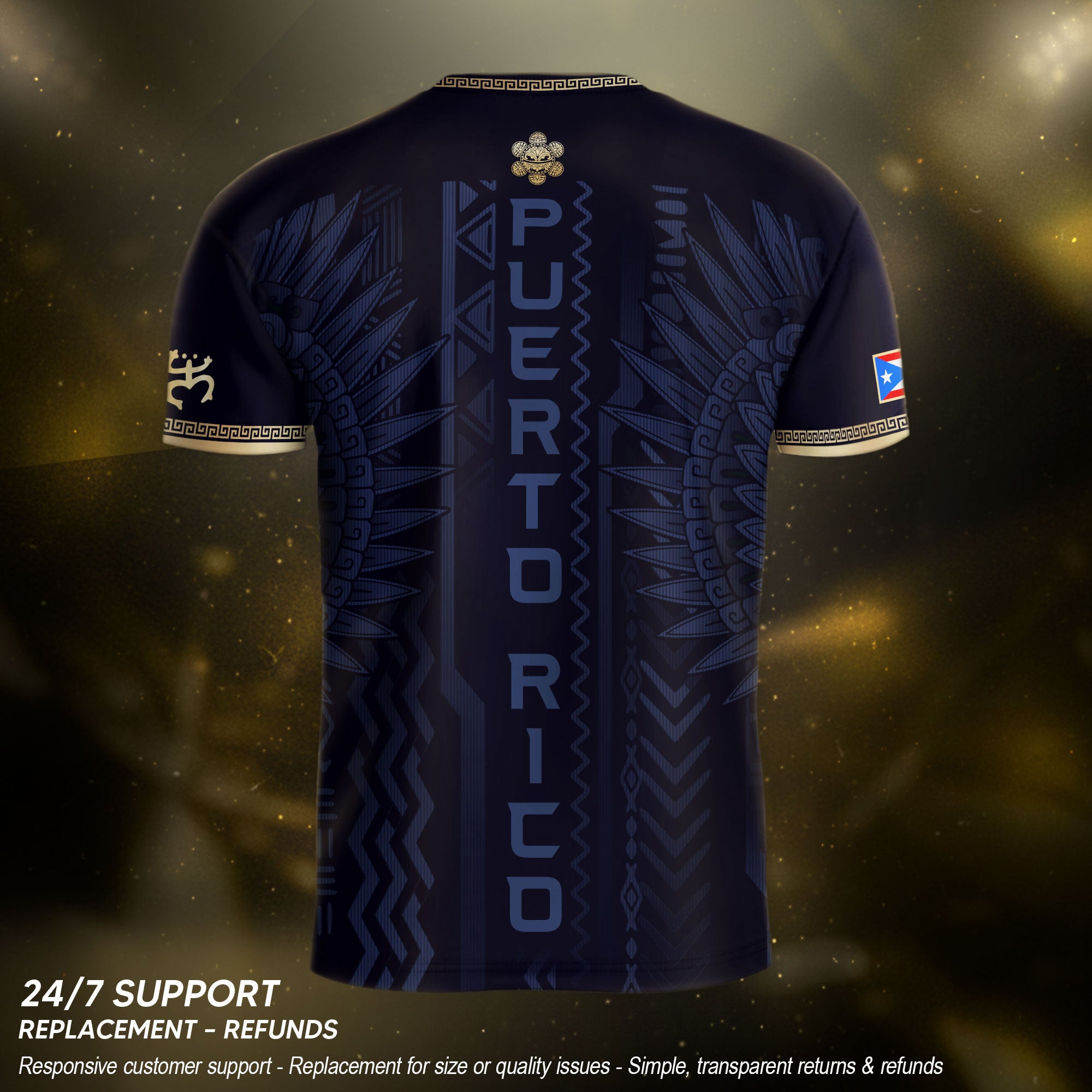 Camiseta de fútbol con máscara taína boricua azul marino de Puerto Rico, bandera tribal, orgullo nacional