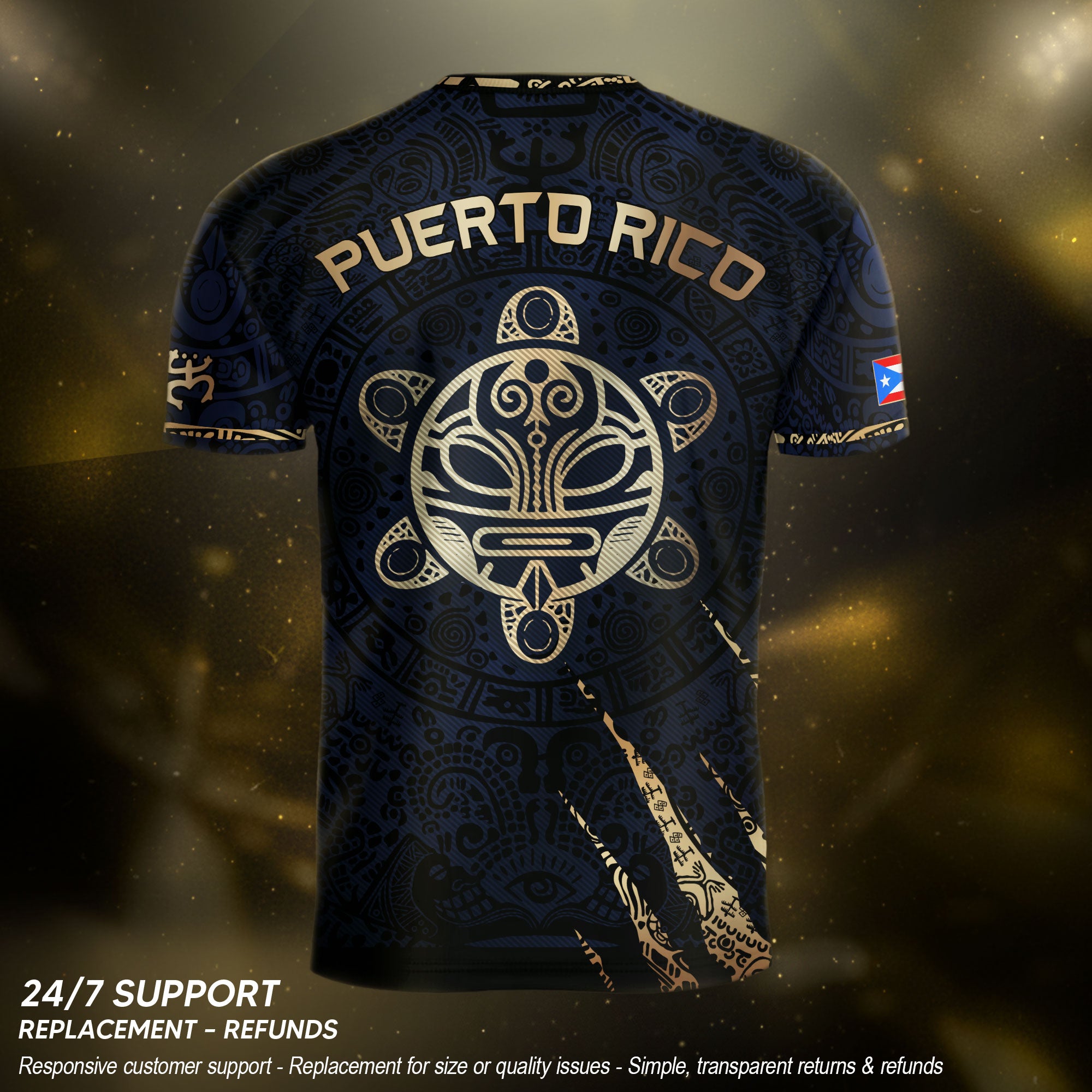 Camiseta de fútbol con máscara taína boricua azul marino de Puerto Rico, bandera tribal, orgullo nacional