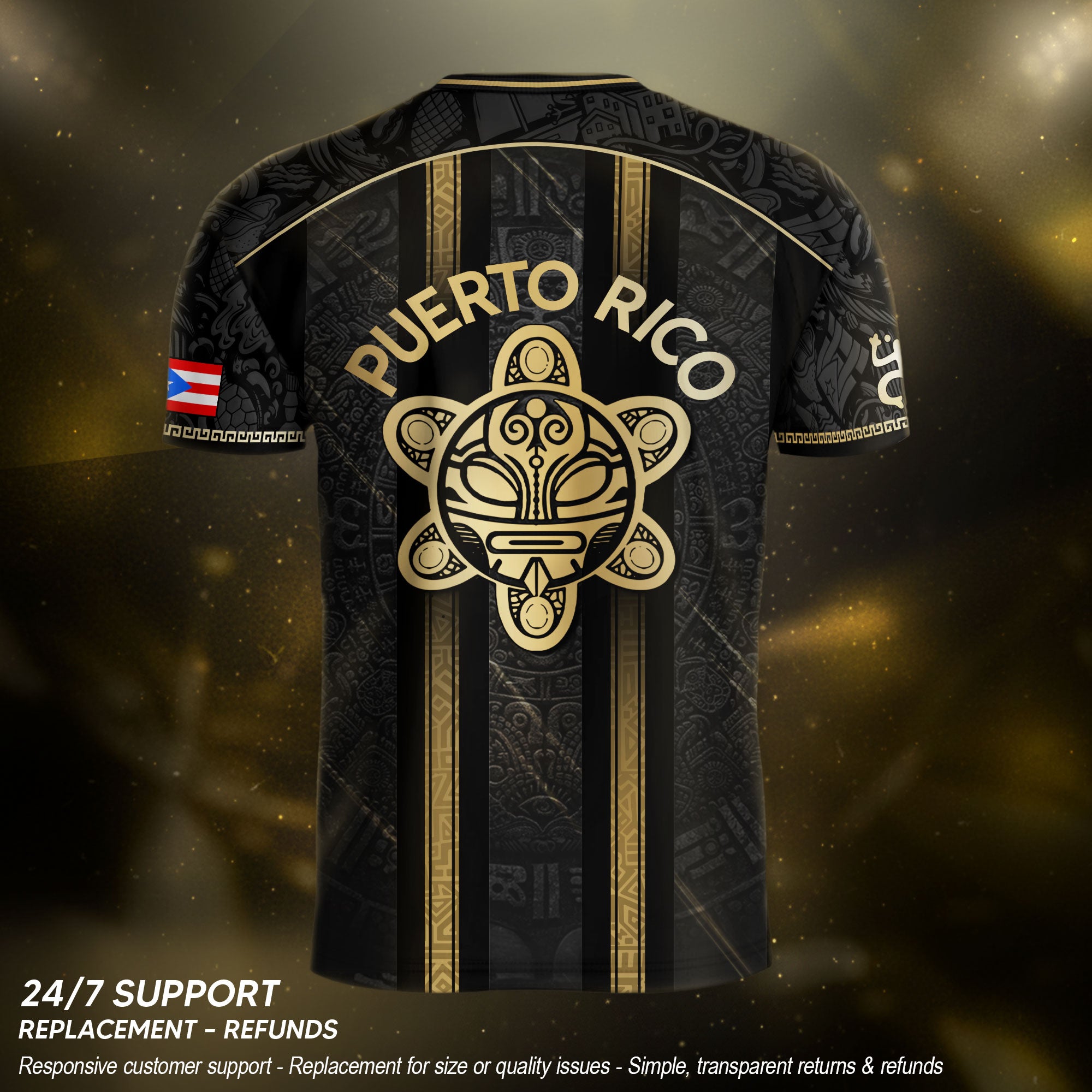 Puerto Rico Soccer Jersey - Black Vertical Stripe Taino Sun Heritage Football Shirt