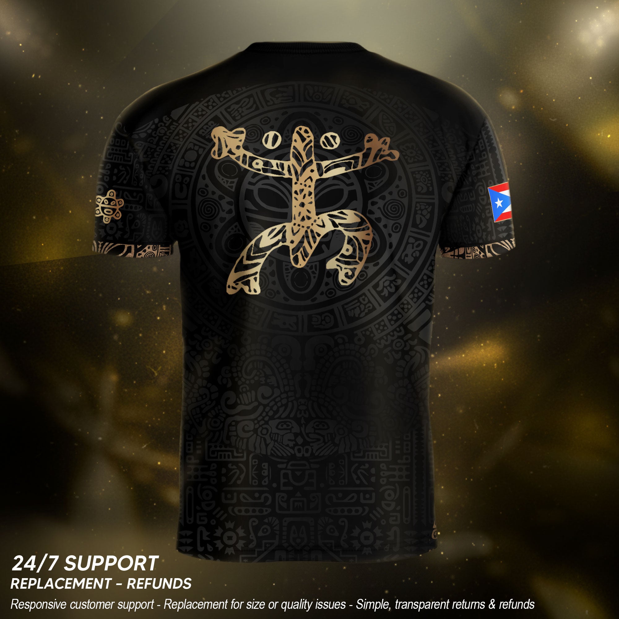 Puerto Rico Soccer Jersey Black Gold - Coquí Frog & Taino Sun - V-Shape Tribal Shirt
