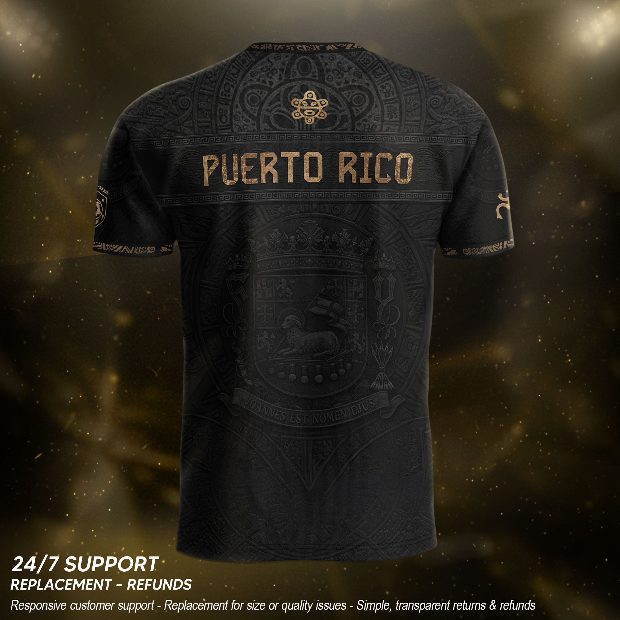 Black Gold Puerto Rico Soccer Jersey Taino Sun & Coat of Arms Football Shirt