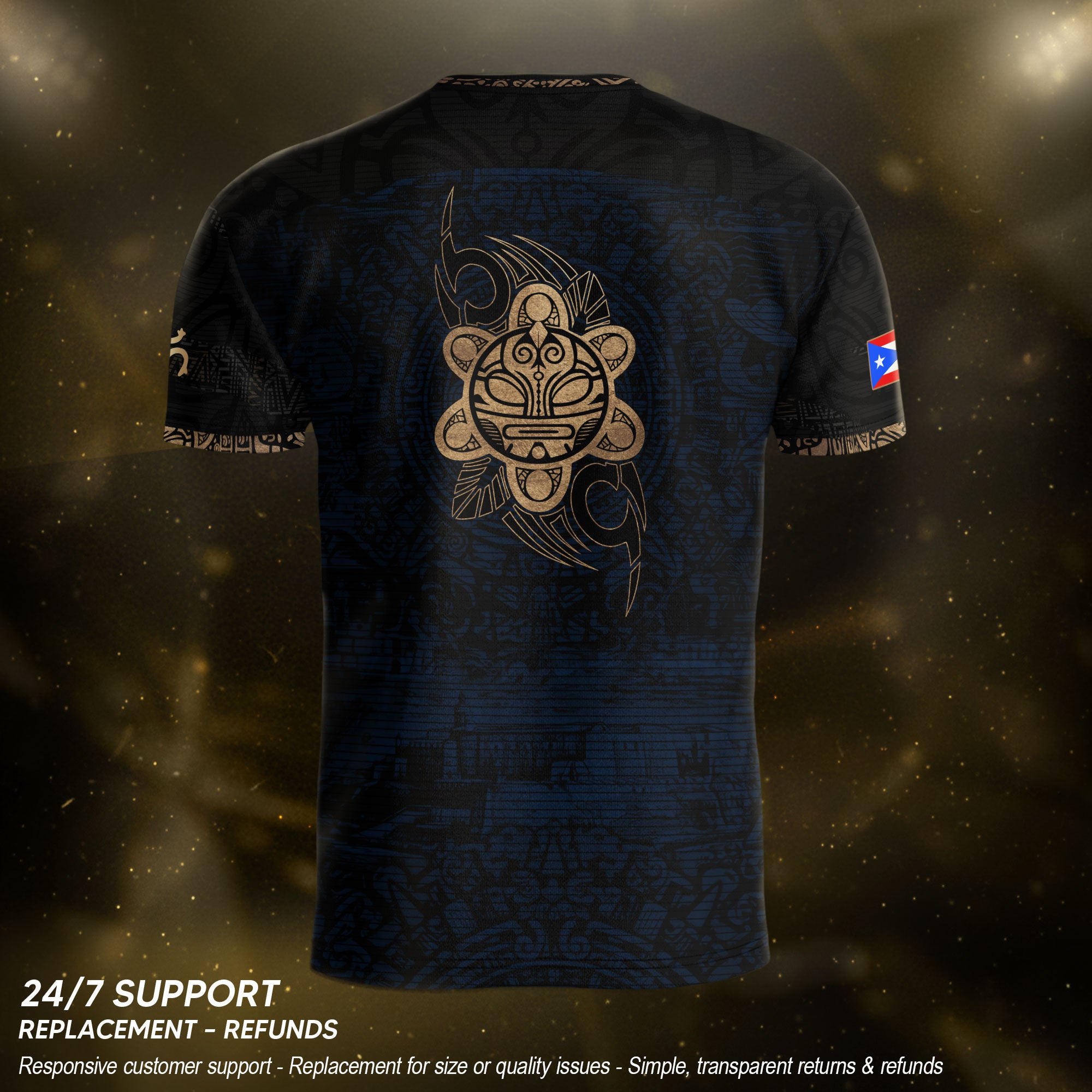 Puerto Rico Soccer Jersey Navy Gold - Taino Sun Calendar Design - Boricua Football Shirt