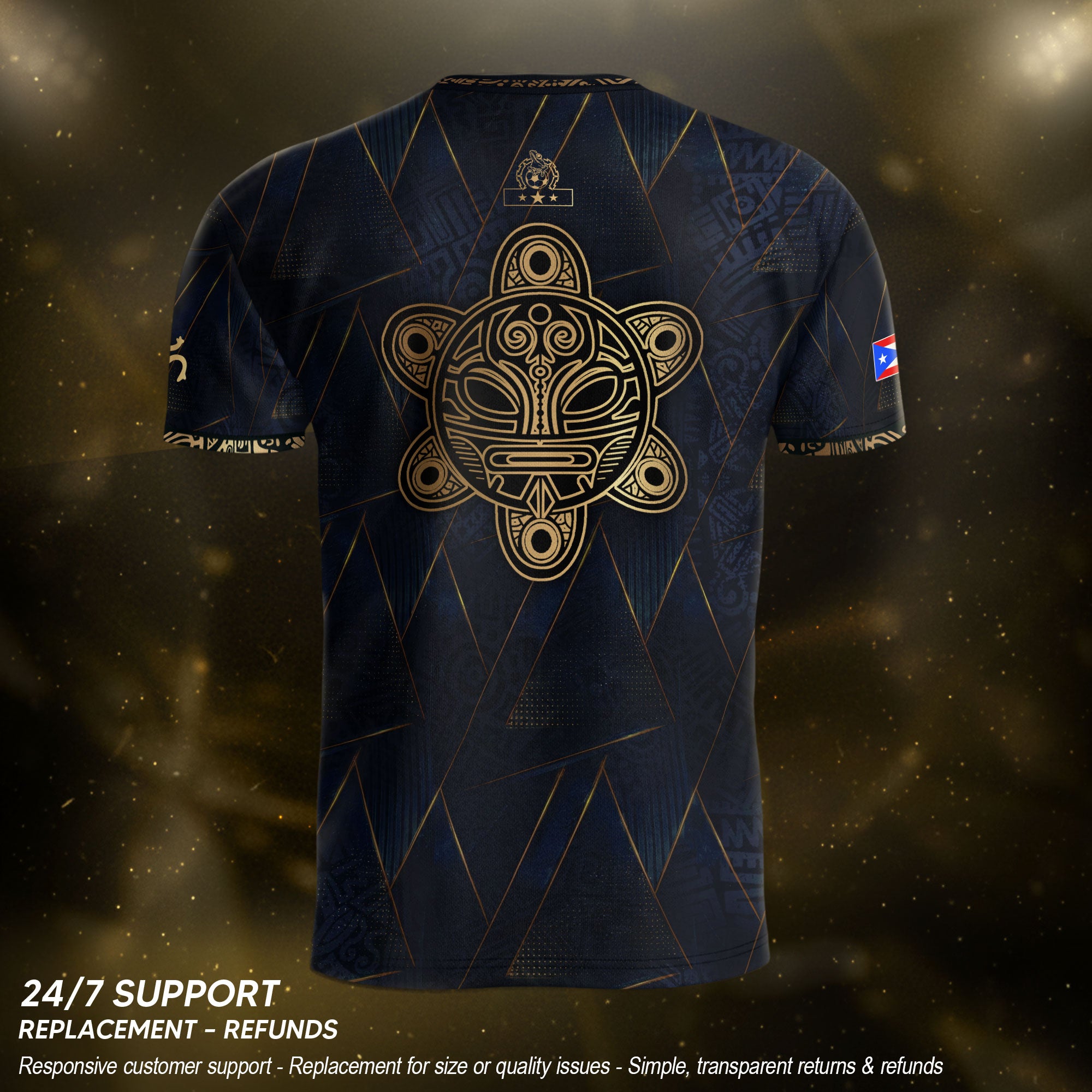 Puerto Rico Soccer Jersey Navy Gold - Geometric Taino Sun Design - Boricua Football Shirt