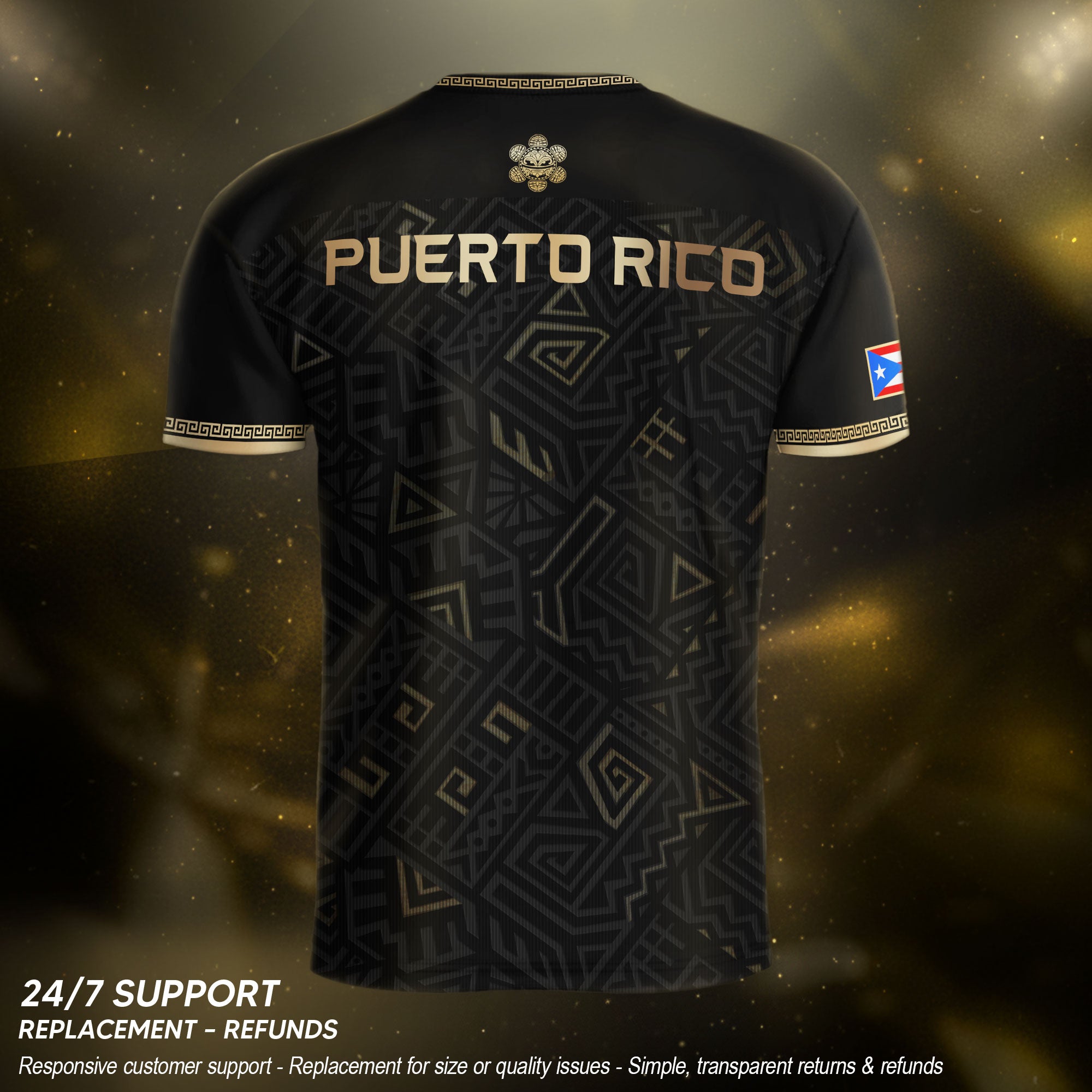 Puerto Rico Soccer Jersey Black Gold Coqui Frog Taino Pattern Patriotic