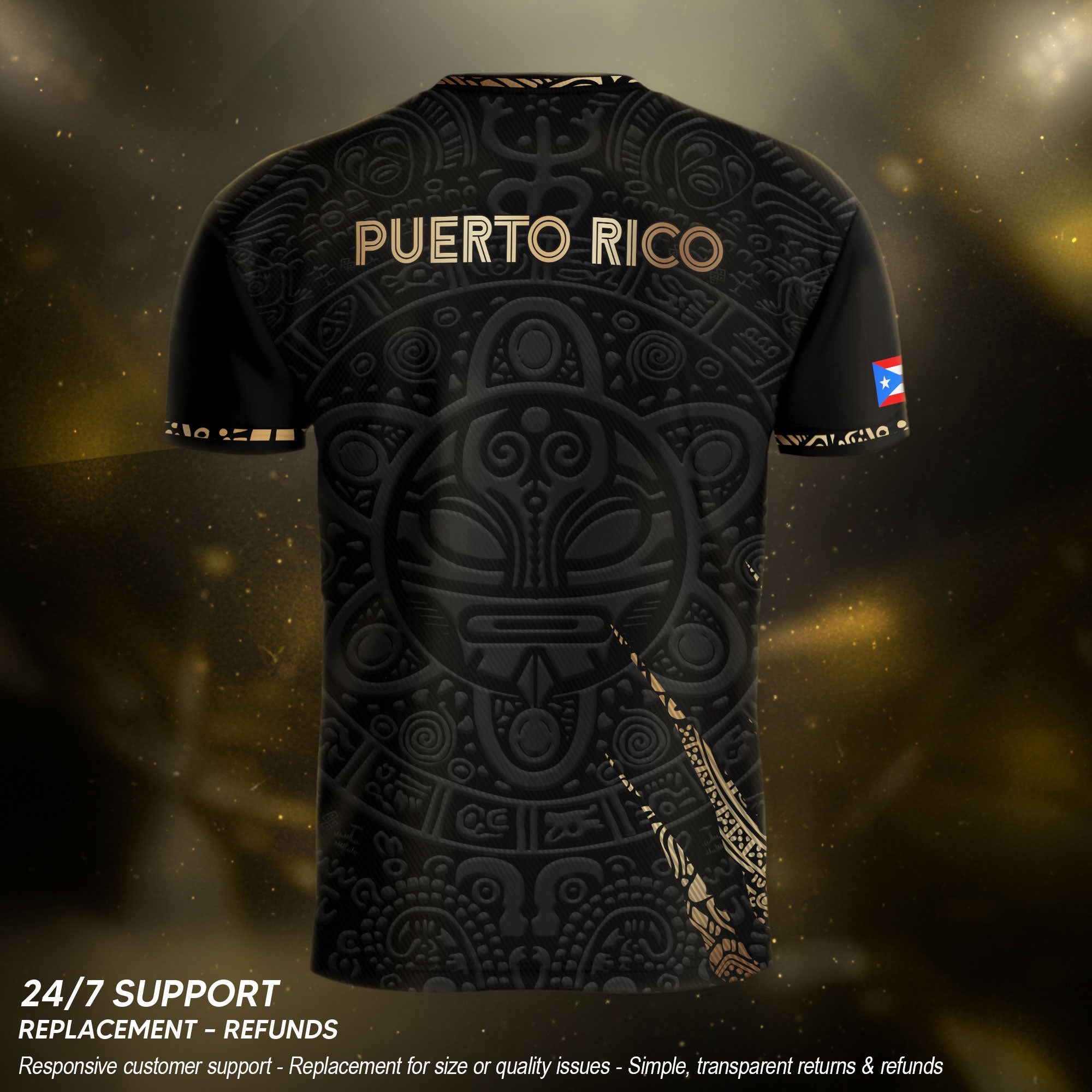 Puerto Rico Soccer Jersey Virgin Mary Guadalupe Taino Pattern Black Gold