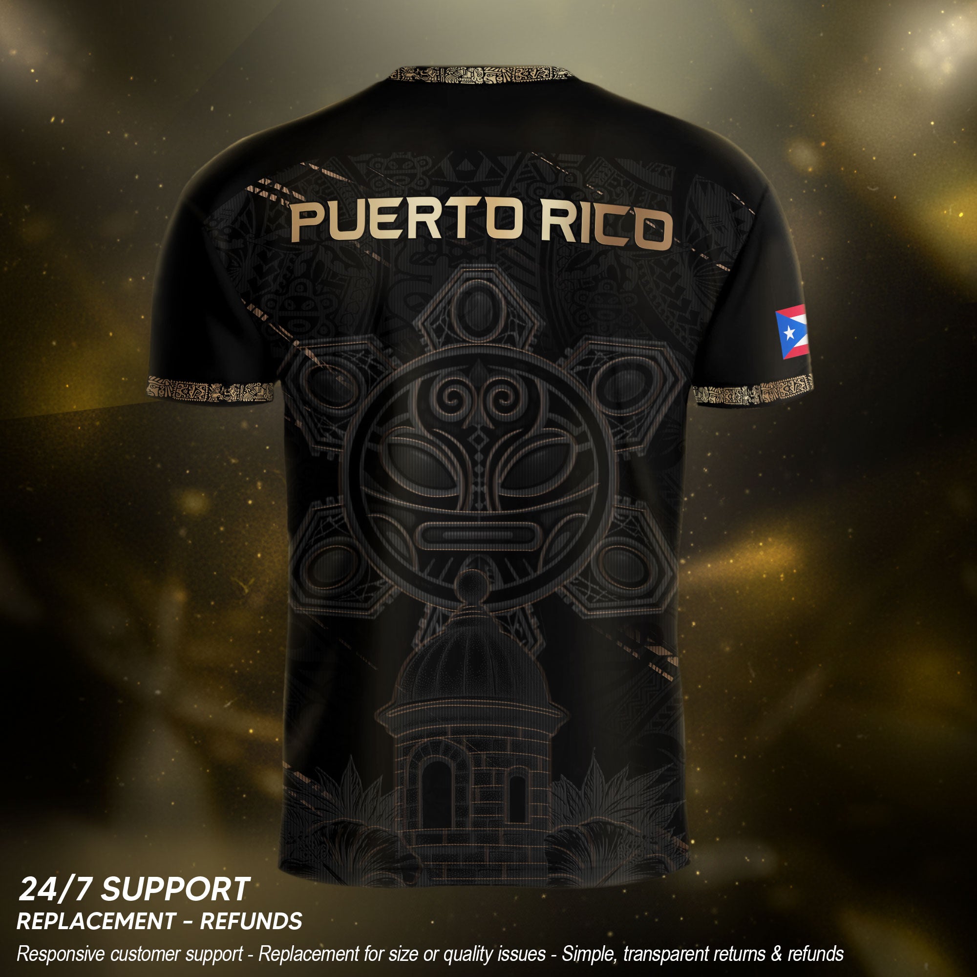 Puerto Rico Soccer Jersey Black Gold Taino Art Patriotic Fan Shirt