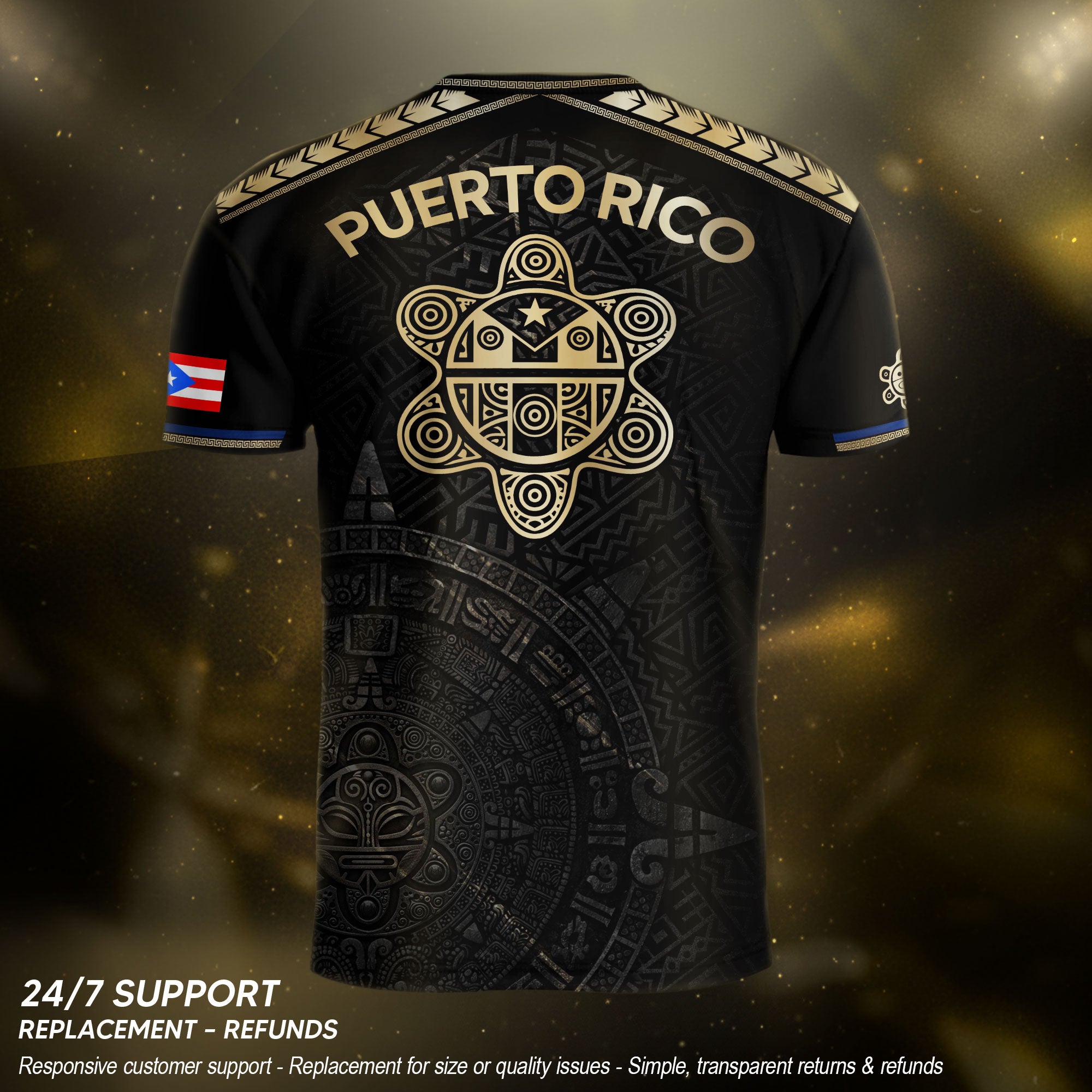 Puerto Rico Heritage Black Sash Graphic Gold Pattern Boricua Pride Soccer Jersey