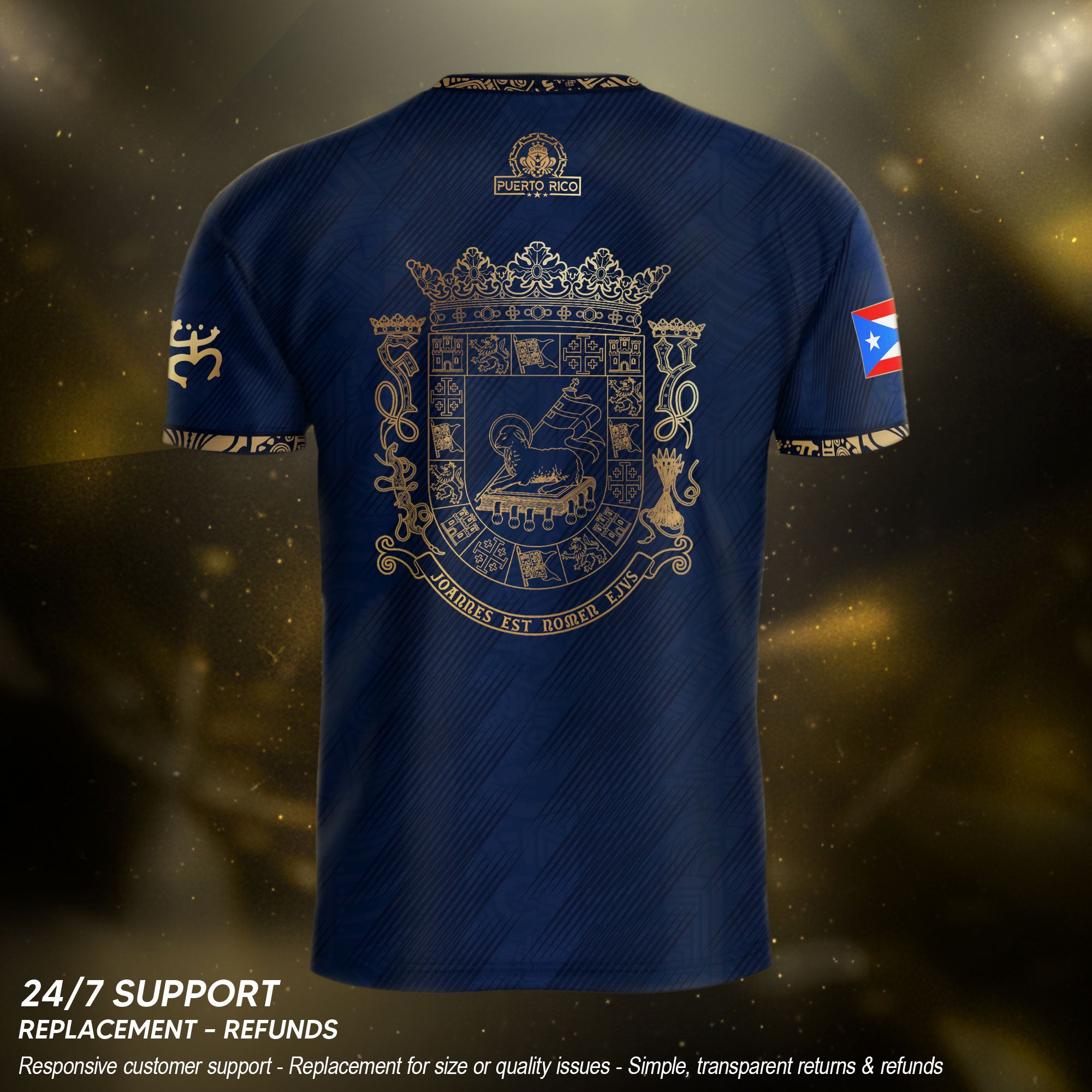 Puerto Rico Soccer Jersey Navy Gold - Puerto Rico Map & Coat of Arms Edition Football Shirt