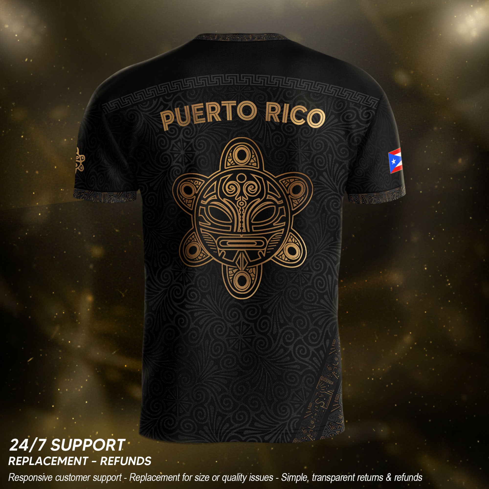 Puerto Rico Soccer Jersey - El Morro & Coqui Frog Design - Taino Sun Tribal Black Gold