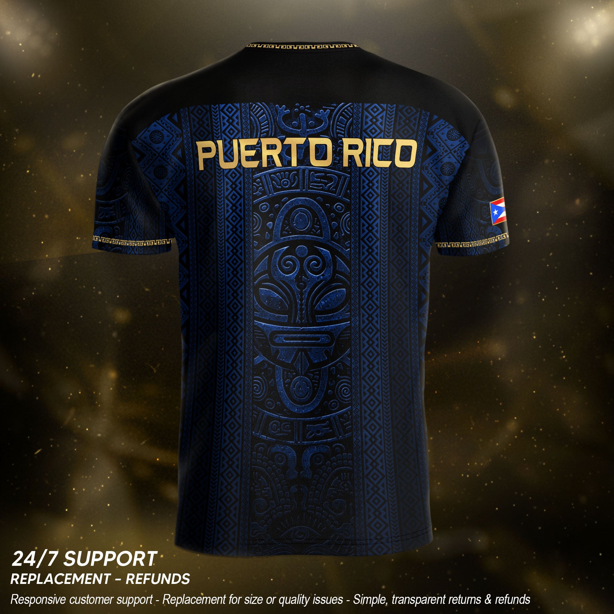 Camiseta de fútbol con máscara taína boricua azul marino de Puerto Rico, bandera tribal, orgullo nacional