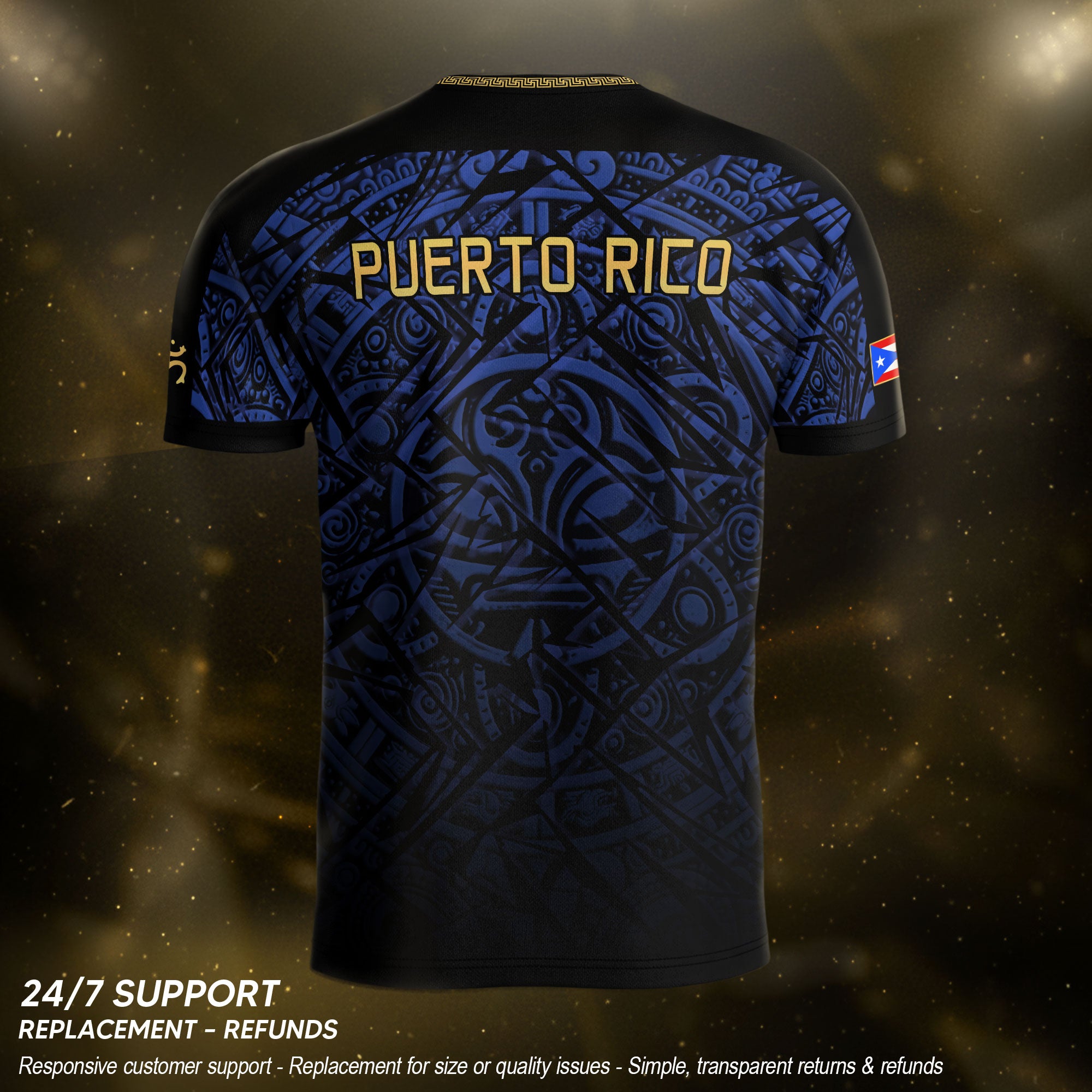 Camiseta de fútbol con máscara taína boricua azul marino de Puerto Rico, bandera tribal, orgullo nacional