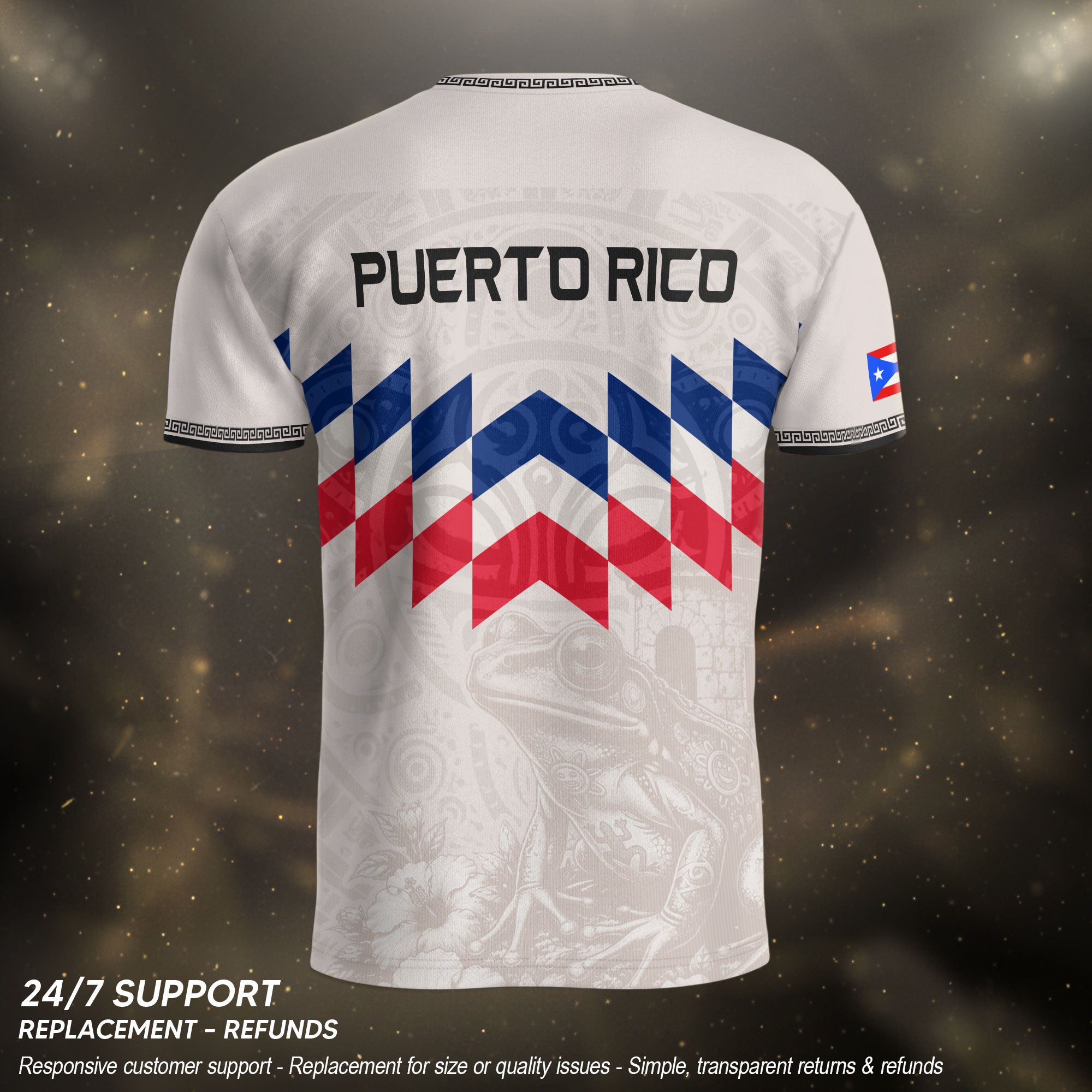 Puerto Rico Soccer Jersey Beige Red Blue Geometric Coqui Tribal Pride Apparel