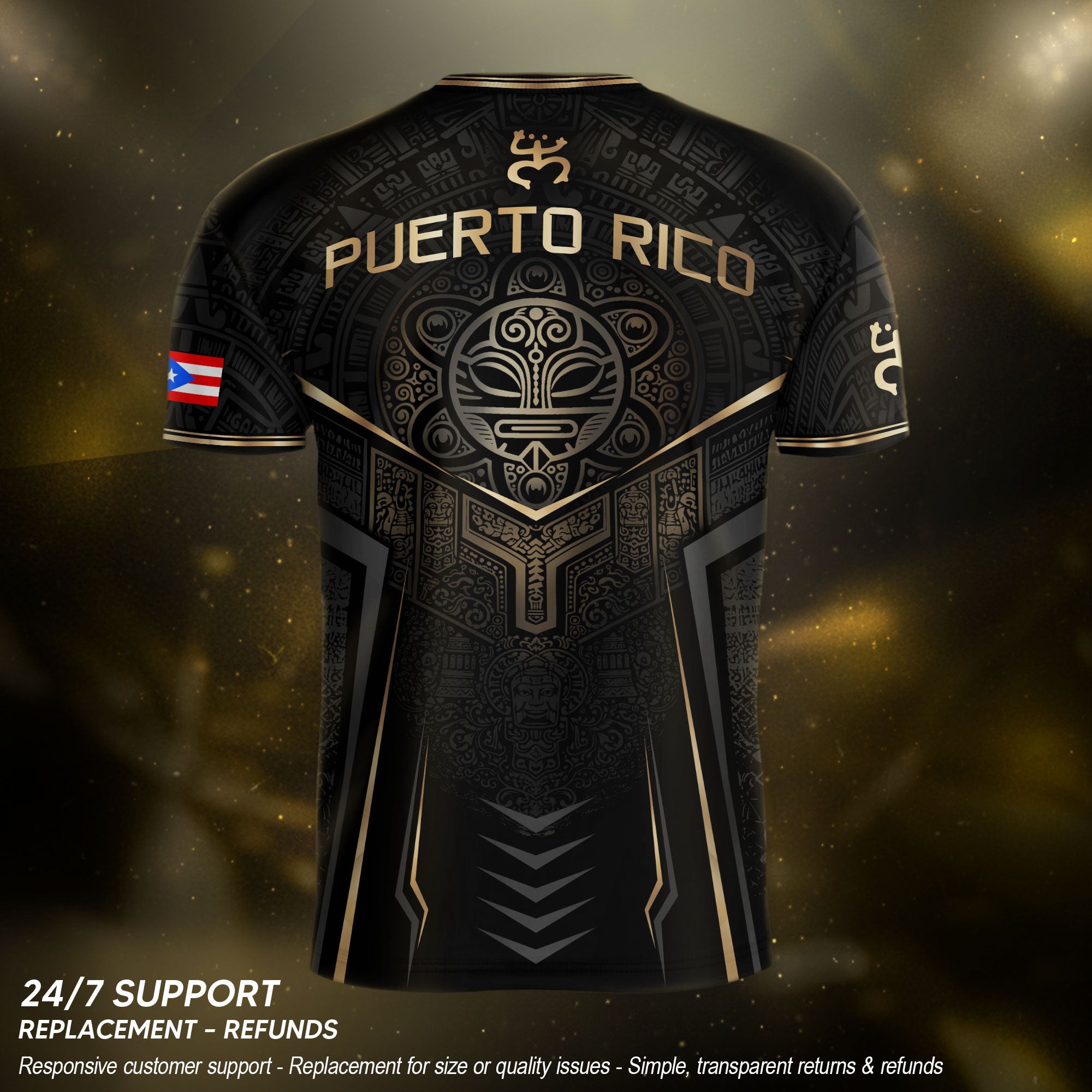 Black Puerto Rico Soccer Jersey Gold Coquí Frog Crest - Taino Sun Tribal Football Shirt