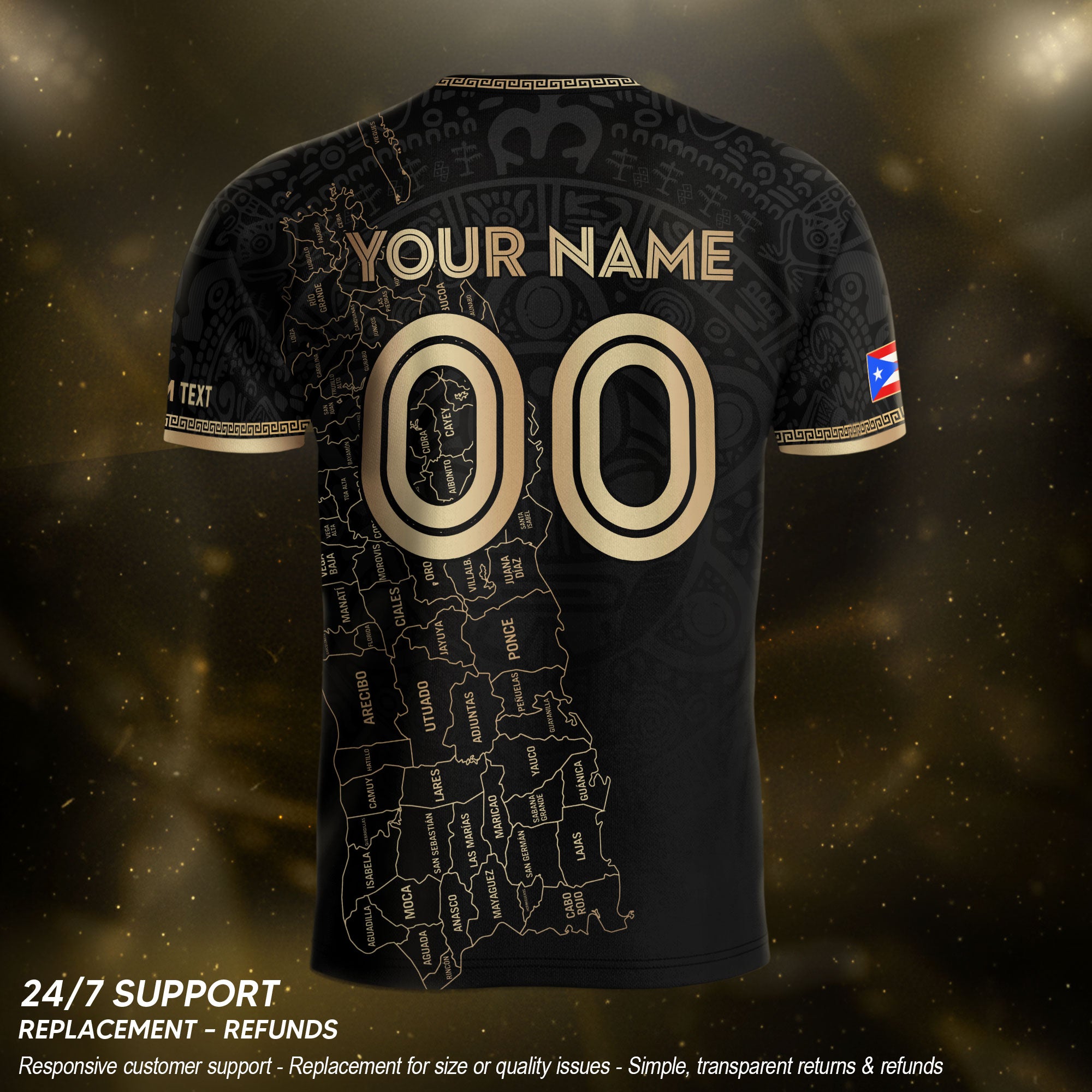 Custom Puerto Rico Soccer Jersey Black Gold Towns Map Coqui Frog Men Women Gift