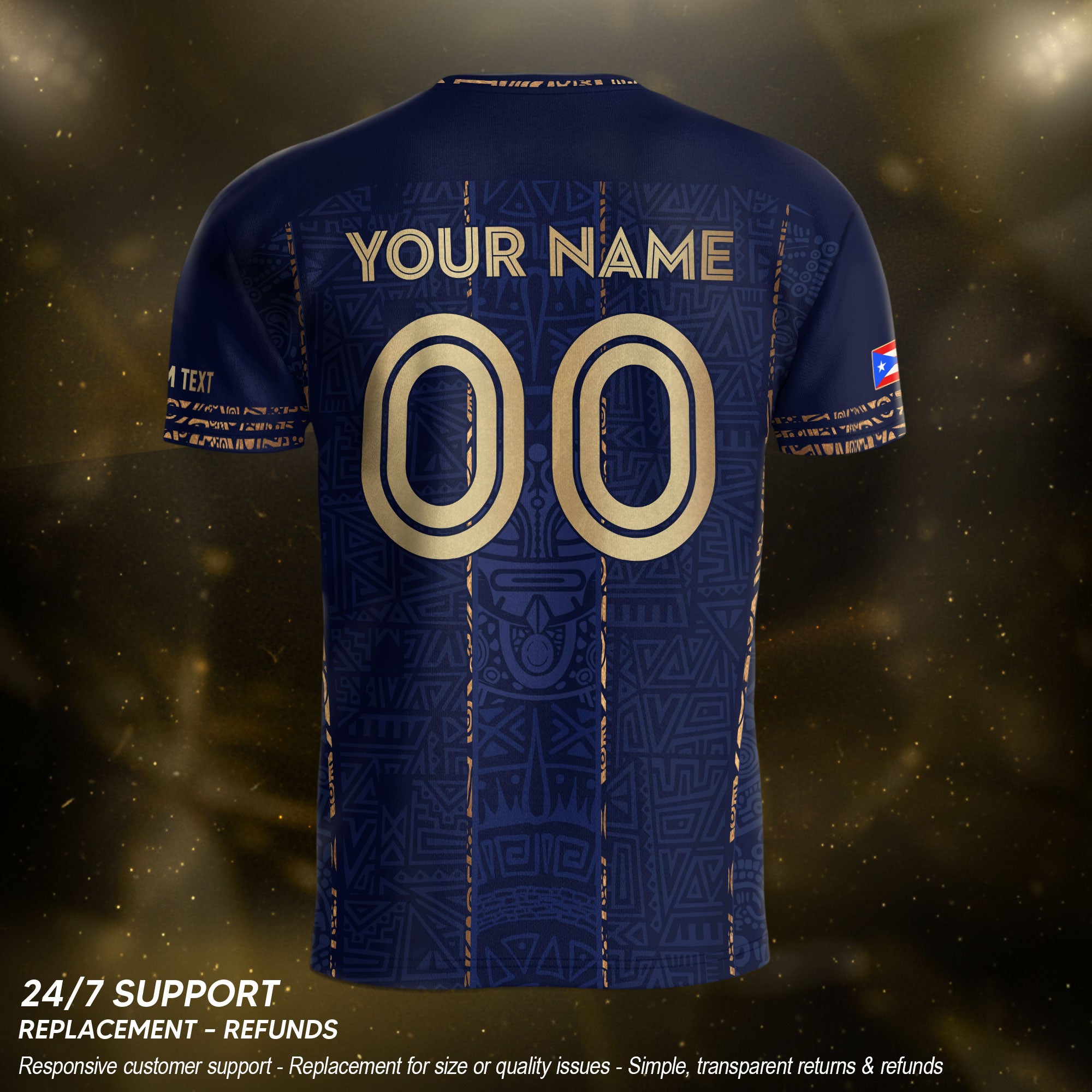 Custom Puerto Rico Soccer Jersey Navy Gold Taino Symbols Boricua Pride