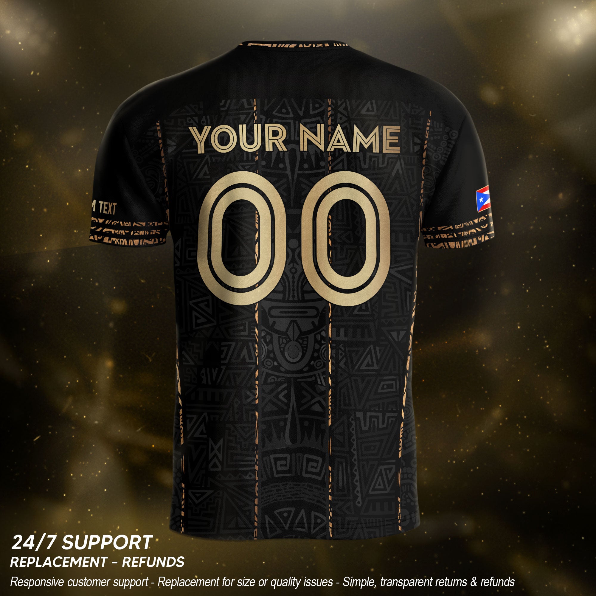 Puerto Rico Jersey Black Gold Stripes Taino Culture Personalized Sportswear