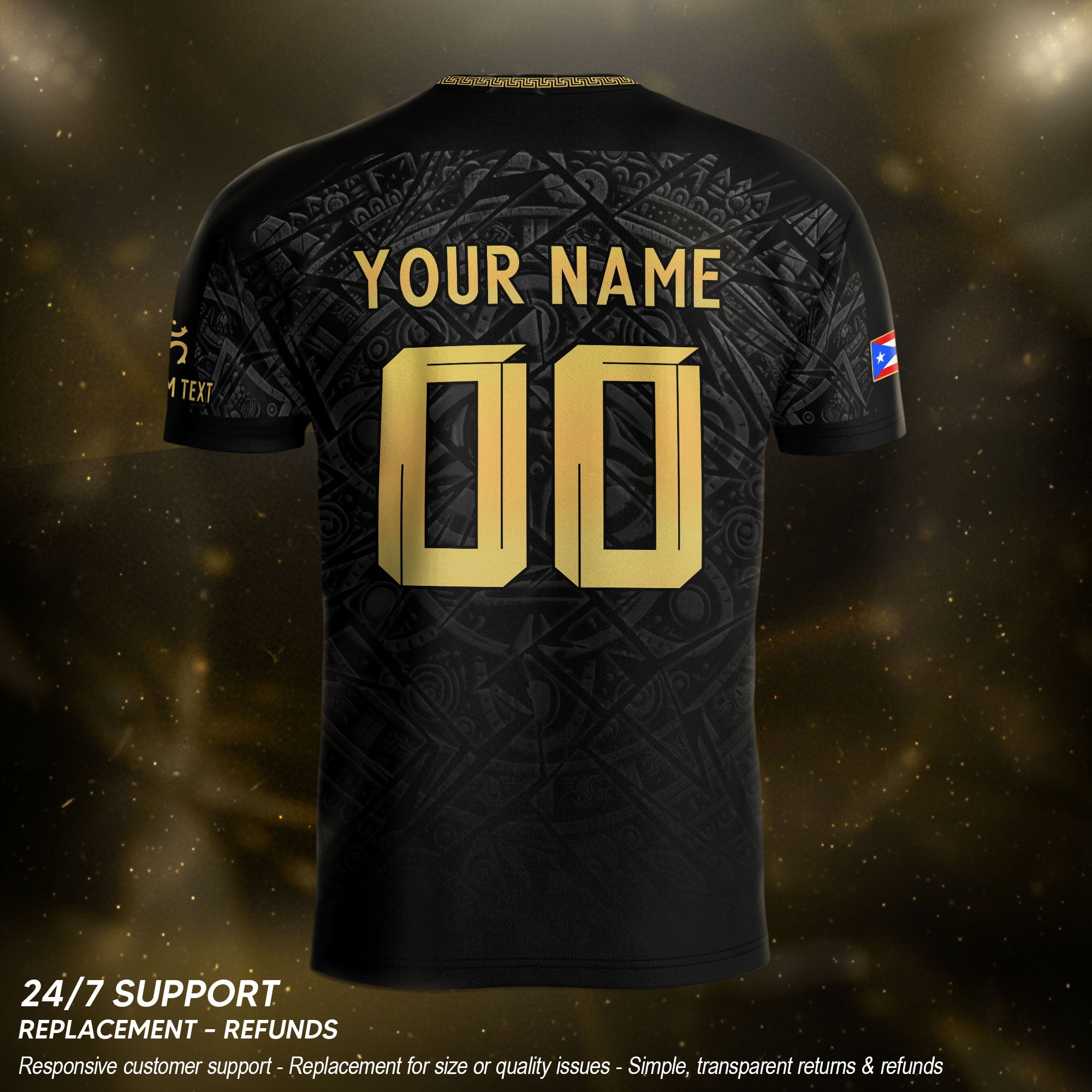 Custom Name Puerto Rico Jersey Black Gold Taino Symbols Boricua Sportswear
