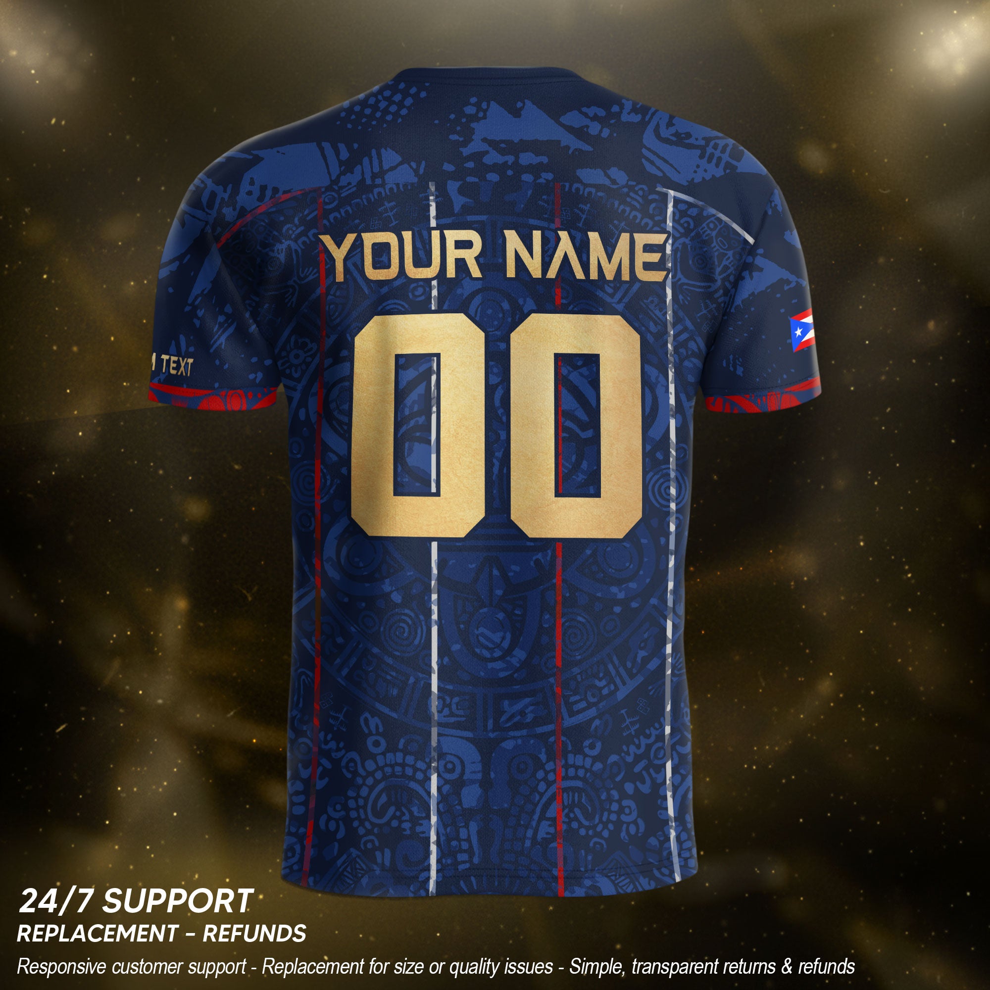 Puerto Rico Custom Soccer Jersey Navy Blue Gold Text Coqui Frog Boricua Pride Gif