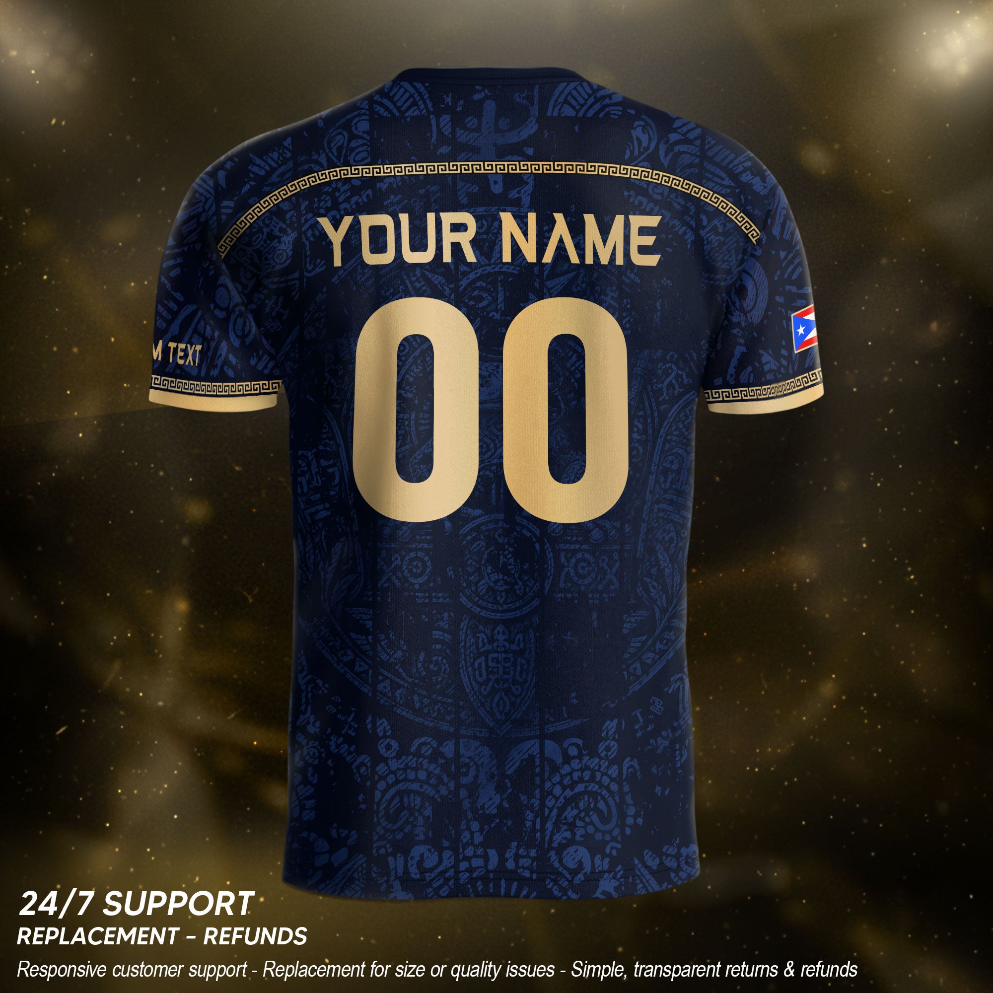 Personalized Name Puerto Rico Soccer Jersey Navy Blue Taino Gold Design Boricua Pride
