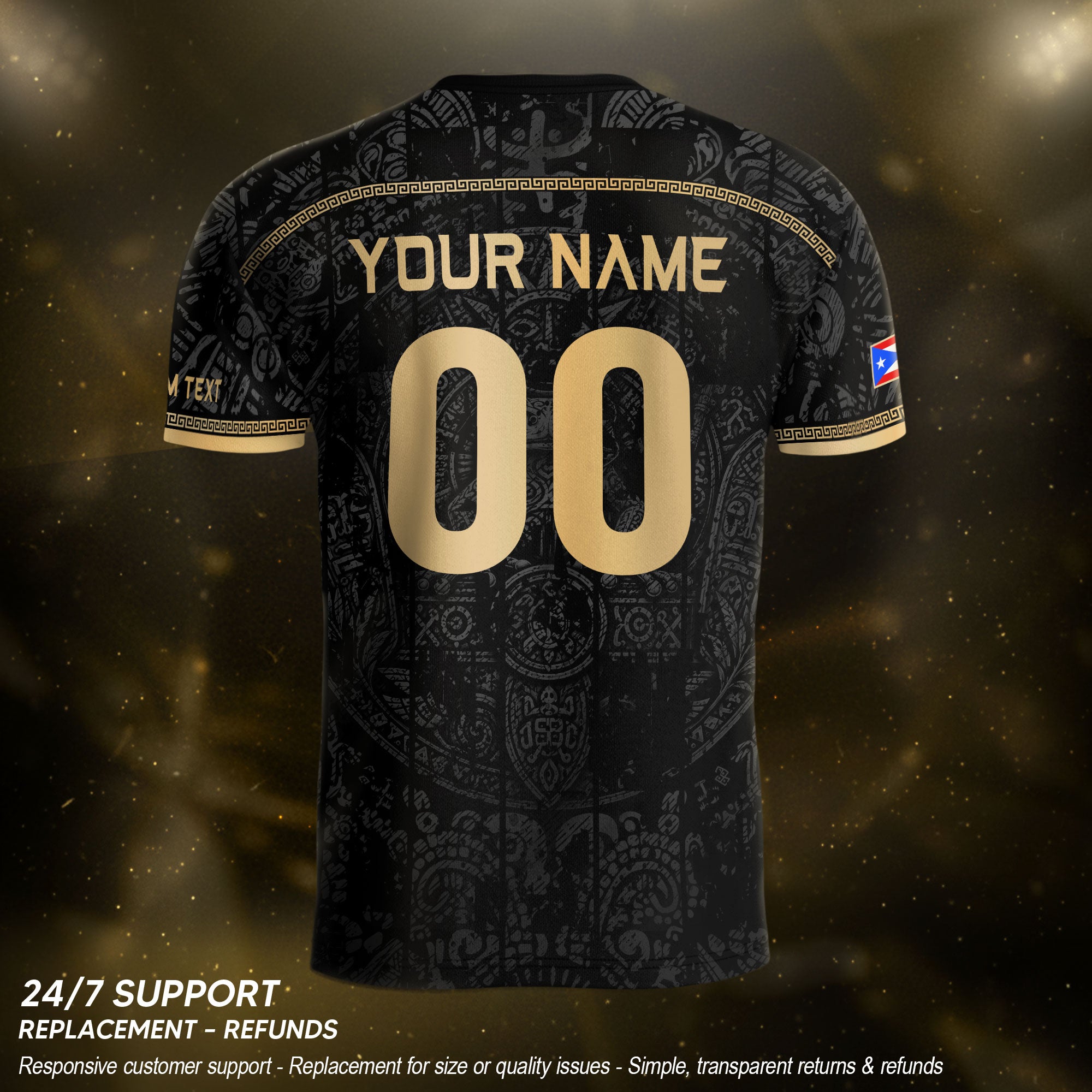 Personalized Name Black Puerto Rico Soccer Jersey Taino Gold Design Boricua Pride