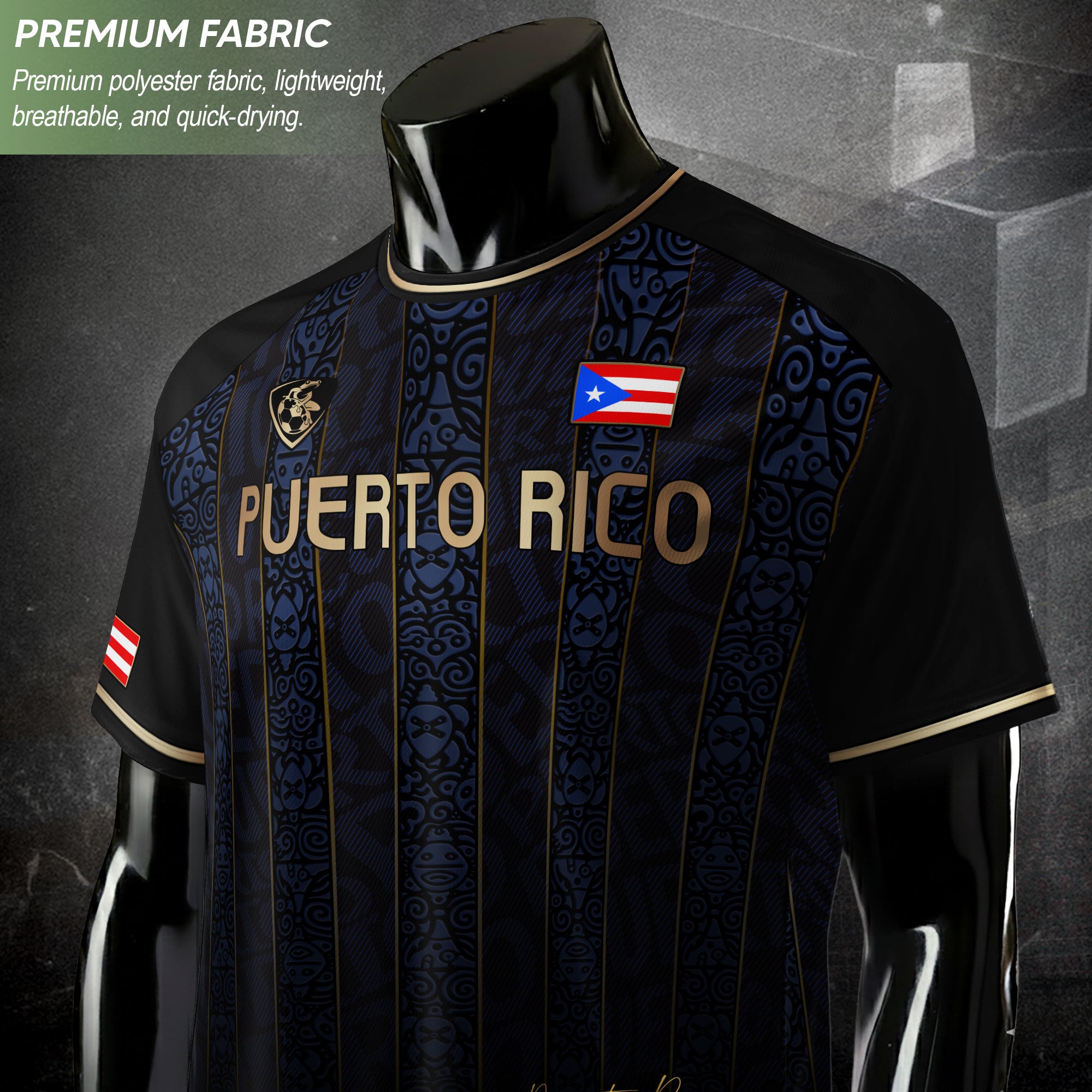 Navy Puerto Rico Soccer Jersey Taino Heritage Gold Coqui Print Boricua Football Shirt Men