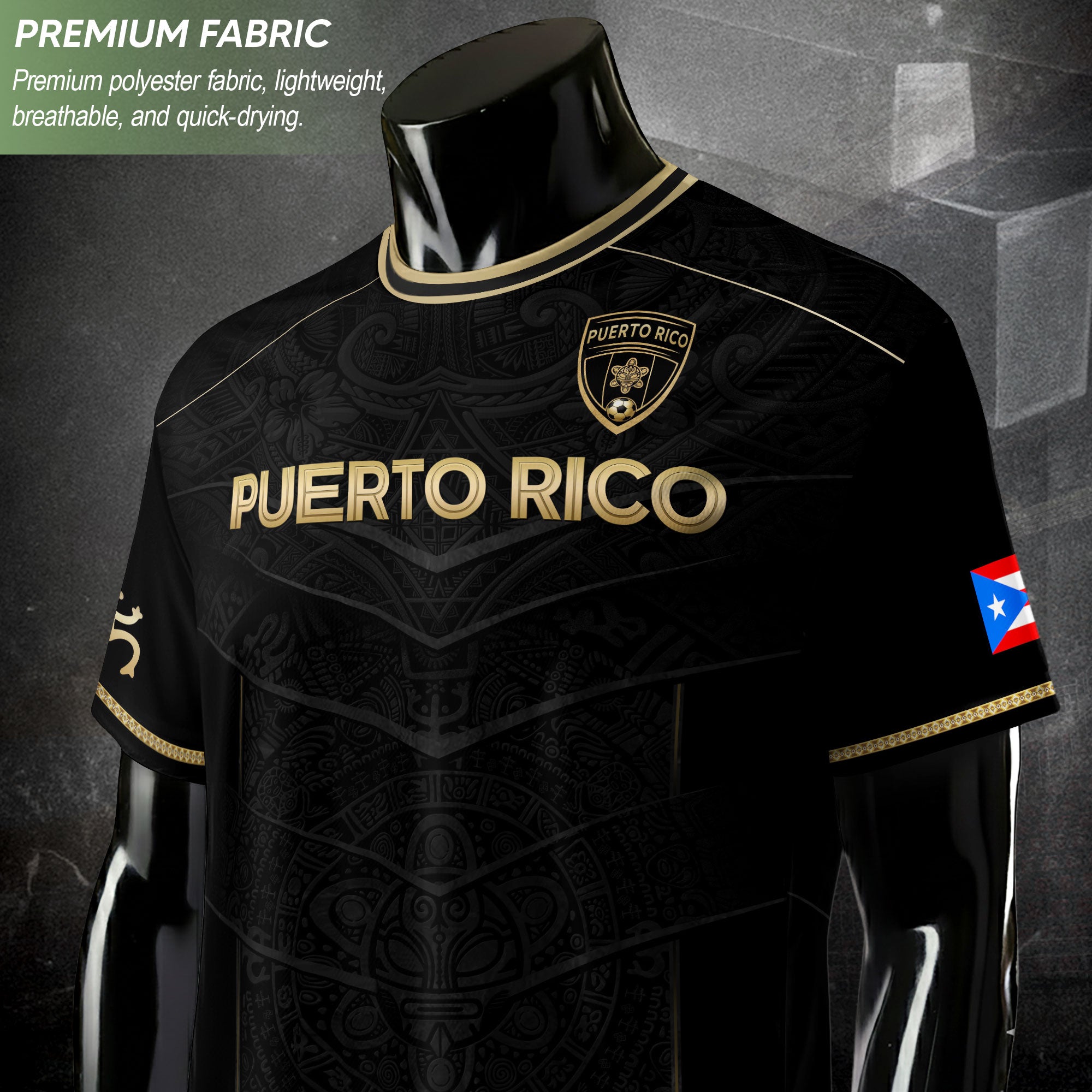 Puerto Rico Soccer Jersey - Black Gold Design with Lion Symbol & Puerto Rico Flag