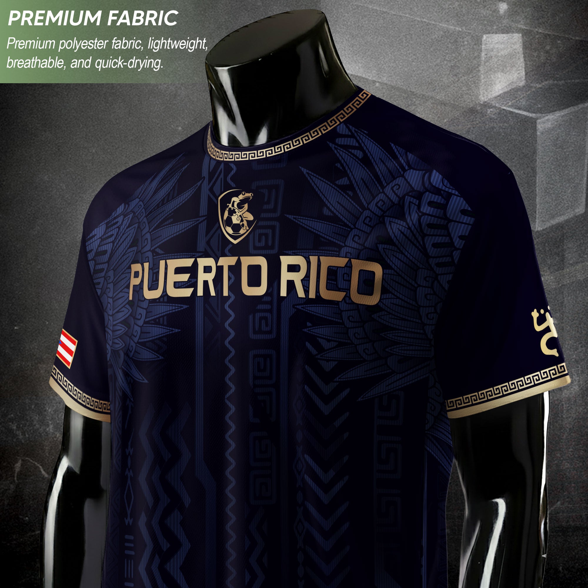 Camiseta de fútbol con máscara taína boricua azul marino de Puerto Rico, bandera tribal, orgullo nacional