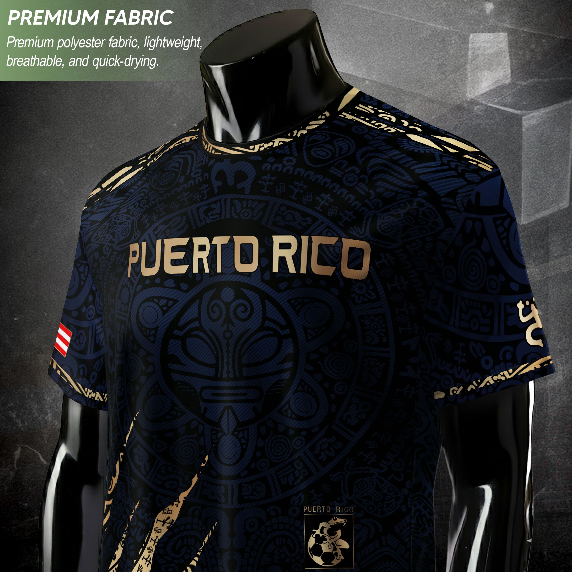 Camiseta de fútbol con máscara taína boricua azul marino de Puerto Rico, bandera tribal, orgullo nacional