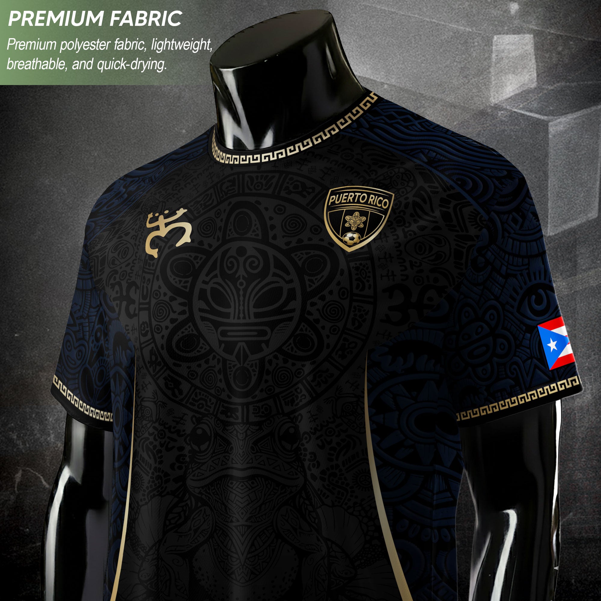 Puerto Rico Soccer Jersey - Elite Navy Gold Taino Symbol Boricua Heritage Apparel