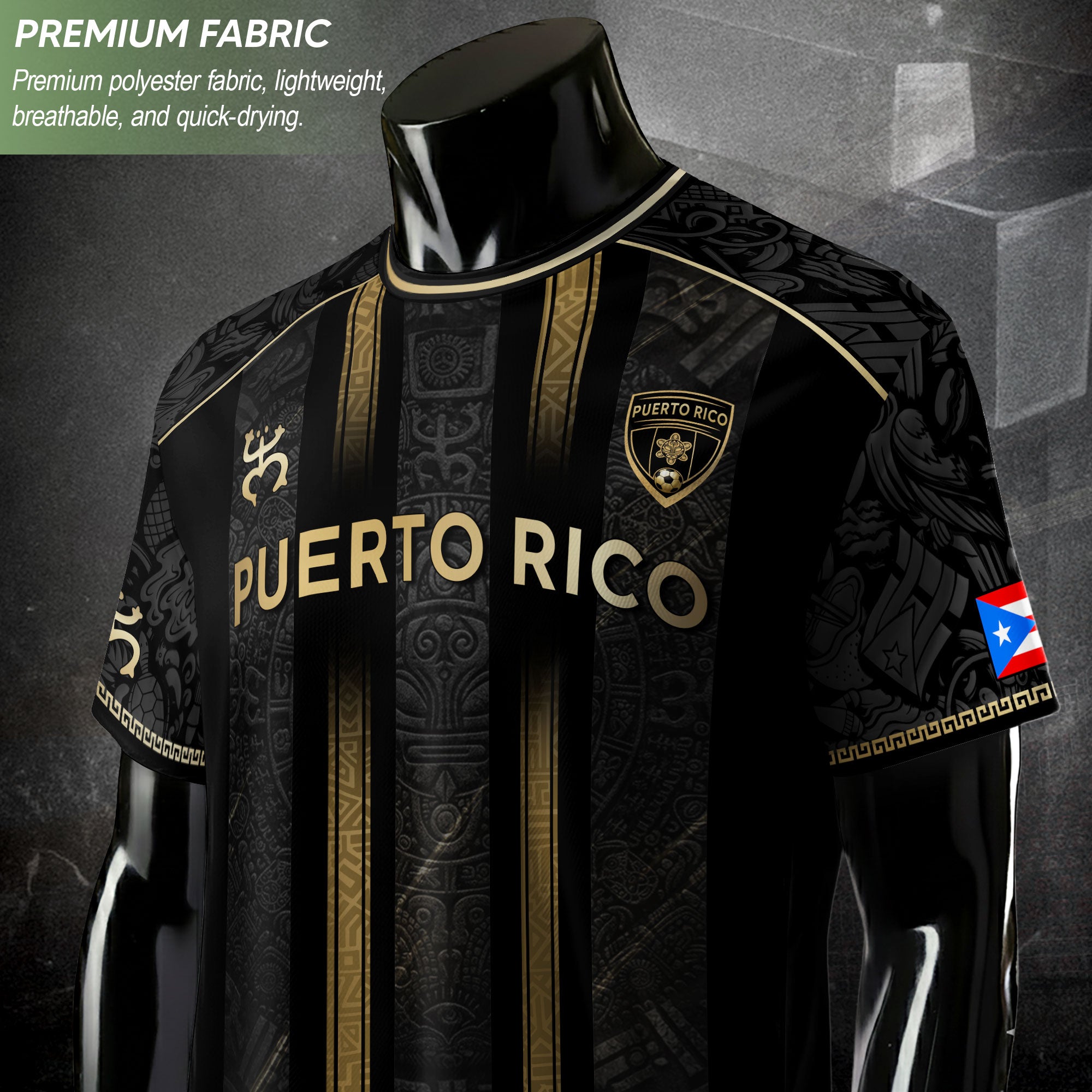 Puerto Rico Soccer Jersey - Black Vertical Stripe Taino Sun Heritage Football Shirt