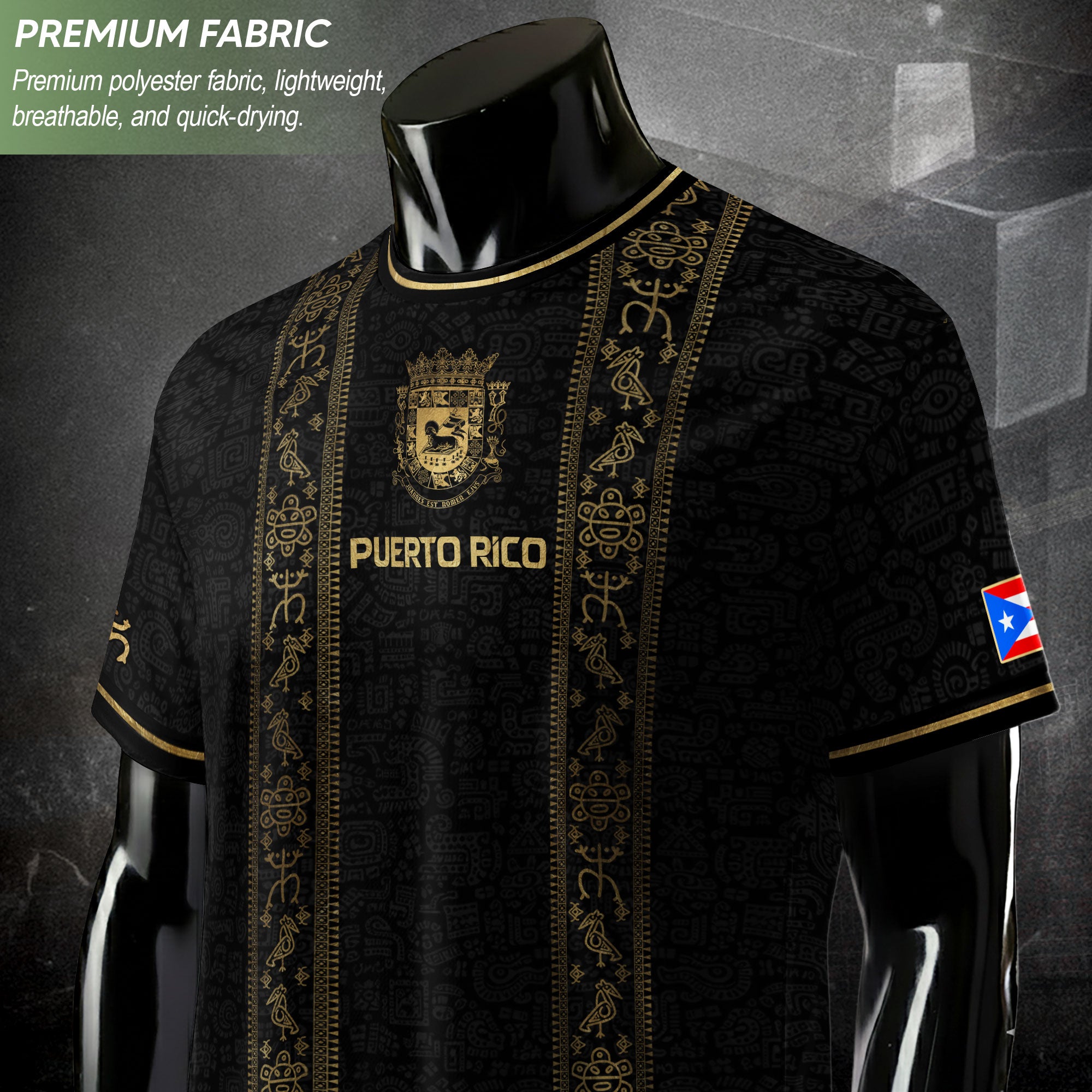 Puerto Rico Soccer Jersey - Coat of Arms & Taino Petroglyphs Black Heritage Shirt