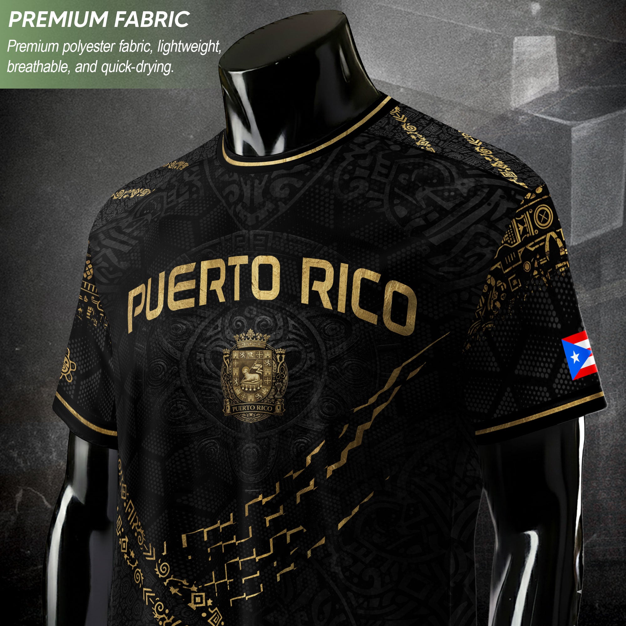 Puerto Rico Soccer Jersey - Elite Black Gold Taino Sun & Shield Heritage Jersey