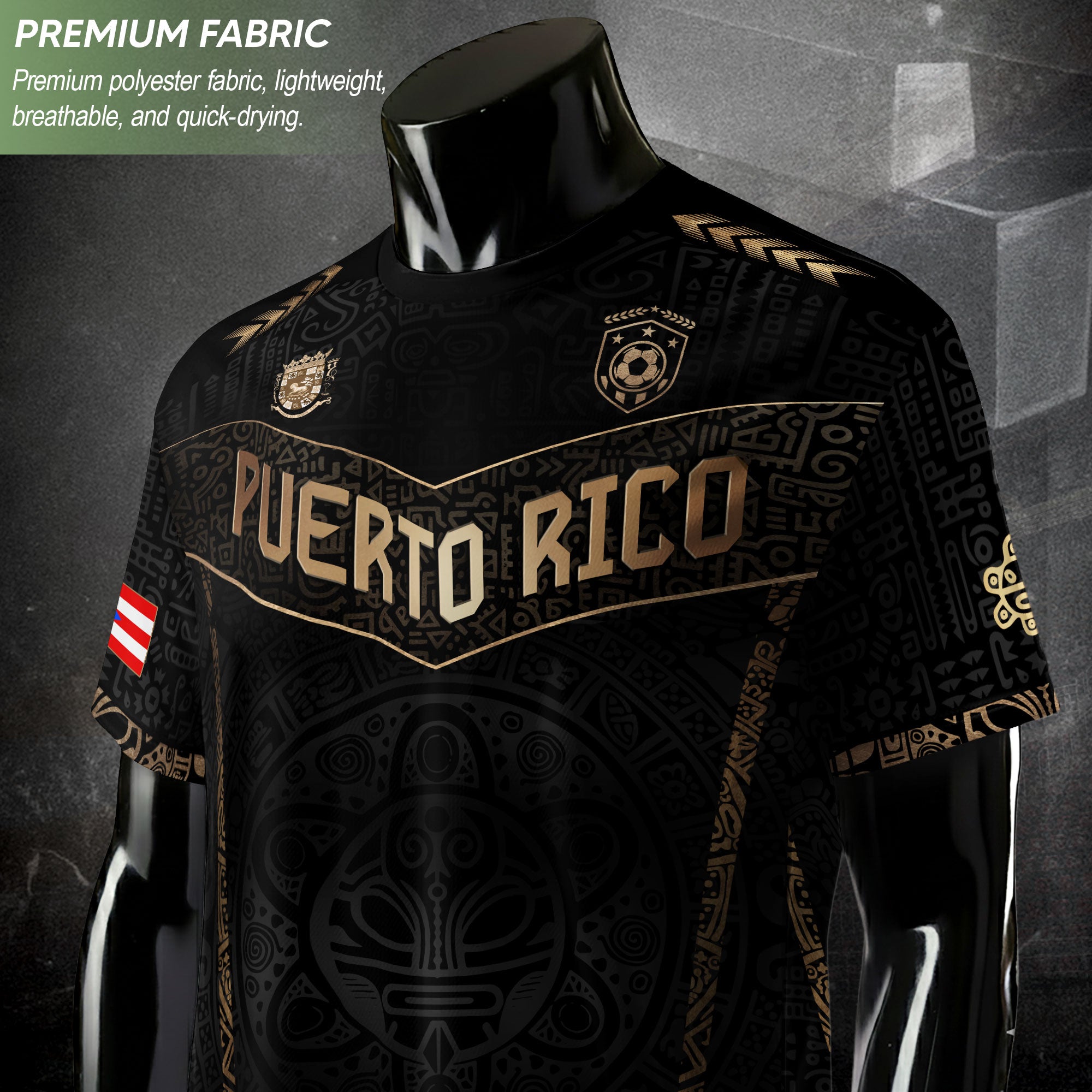 Puerto Rico Soccer Jersey Black Gold - Coquí Frog & Taino Sun - V-Shape Tribal Shirt
