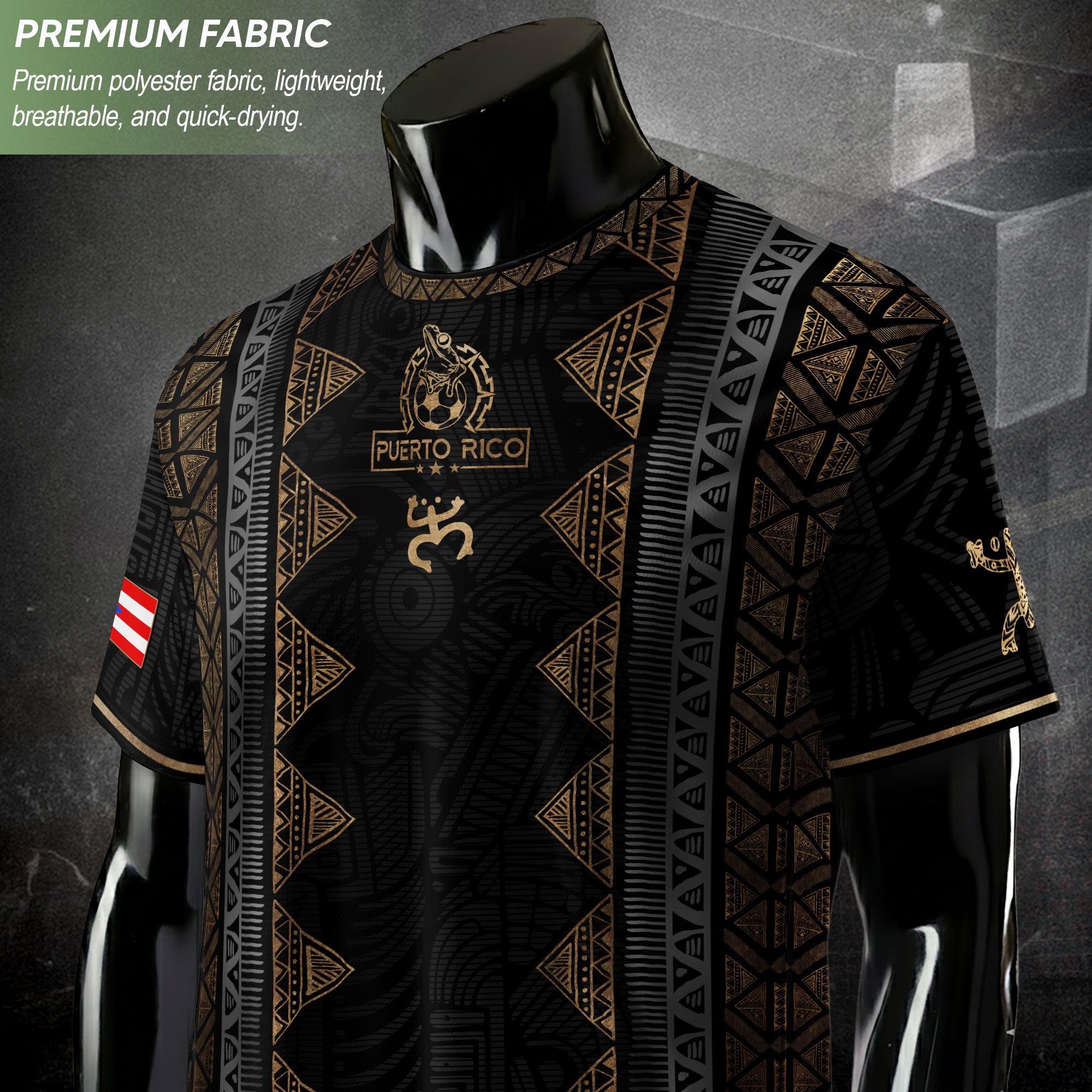 Black Puerto Rico Soccer Jersey - Vertical Taino Tribal Stripe Coqui Heritage Shirt