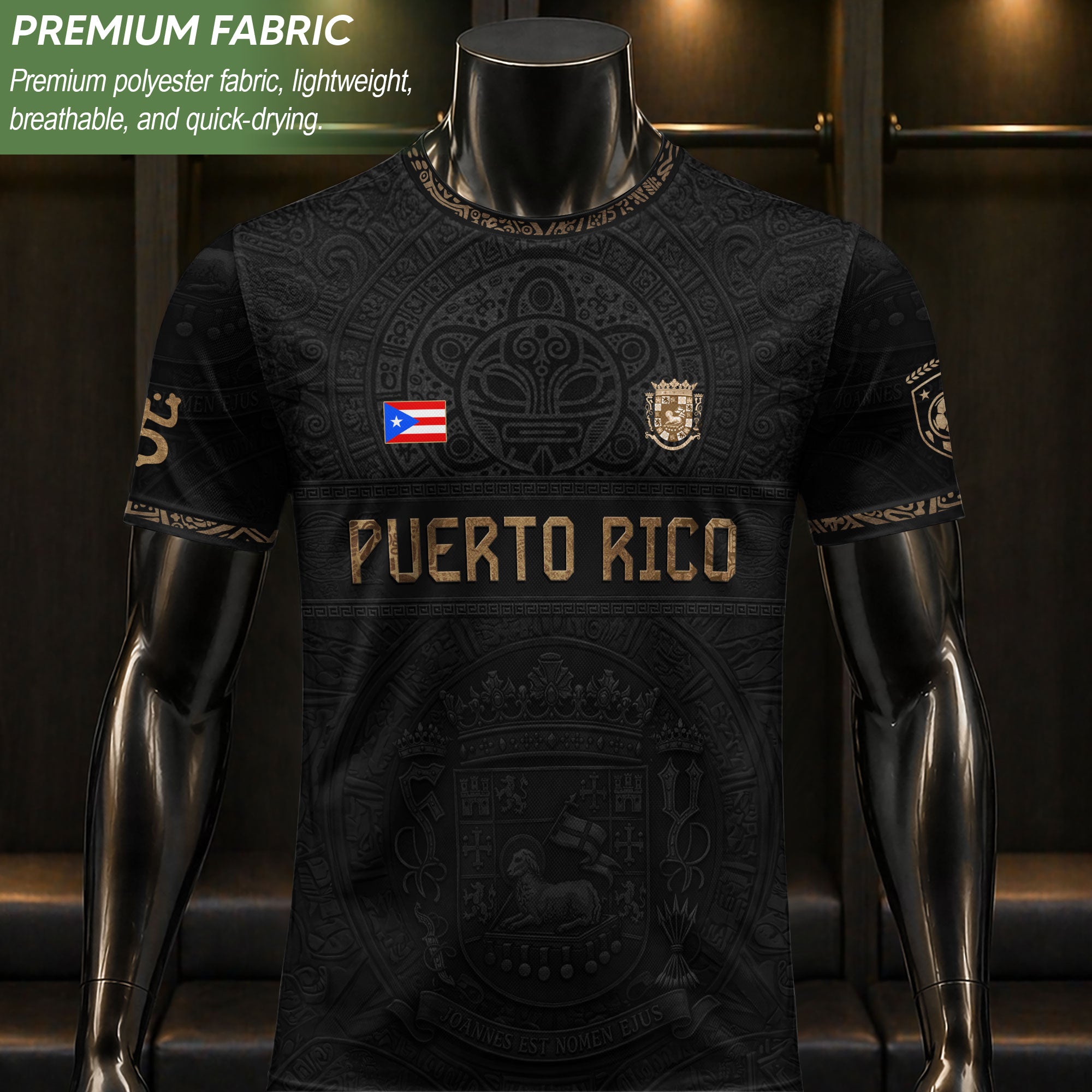 Black Gold Puerto Rico Soccer Jersey Taino Sun & Coat of Arms Football Shirt