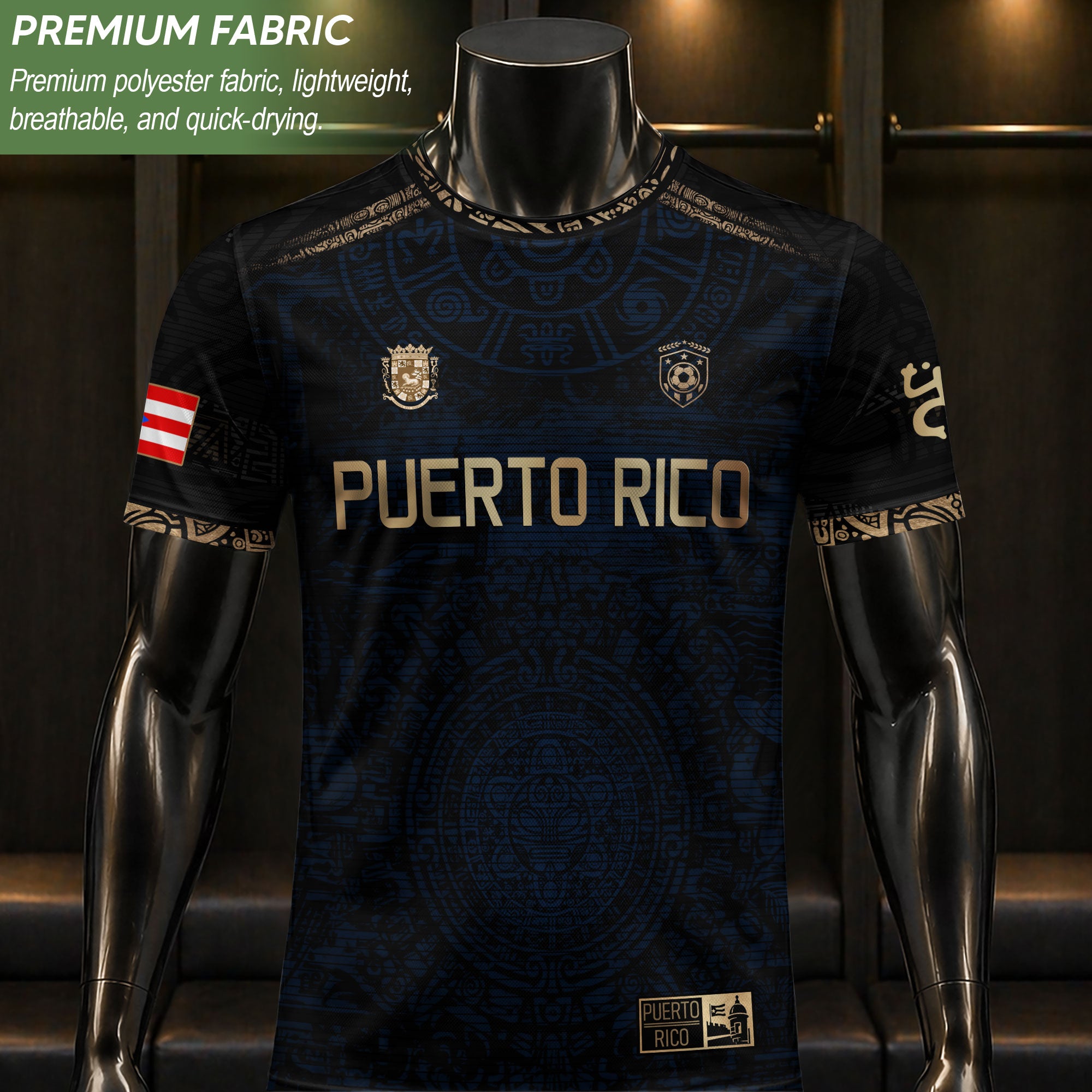 Puerto Rico Soccer Jersey Navy Gold - Taino Sun Calendar Design - Boricua Football Shirt