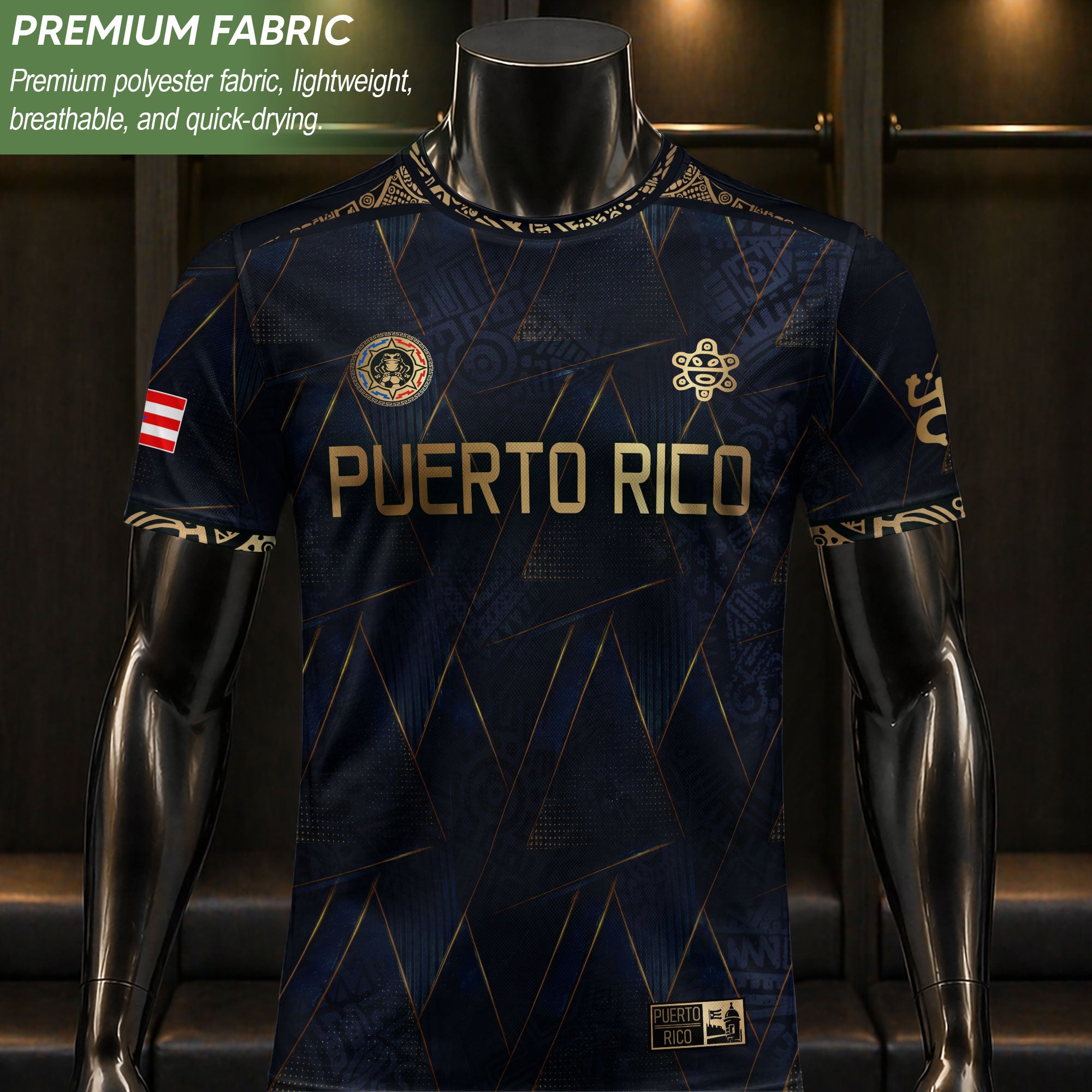 Puerto Rico Soccer Jersey Navy Gold - Geometric Taino Sun Design - Boricua Football Shirt