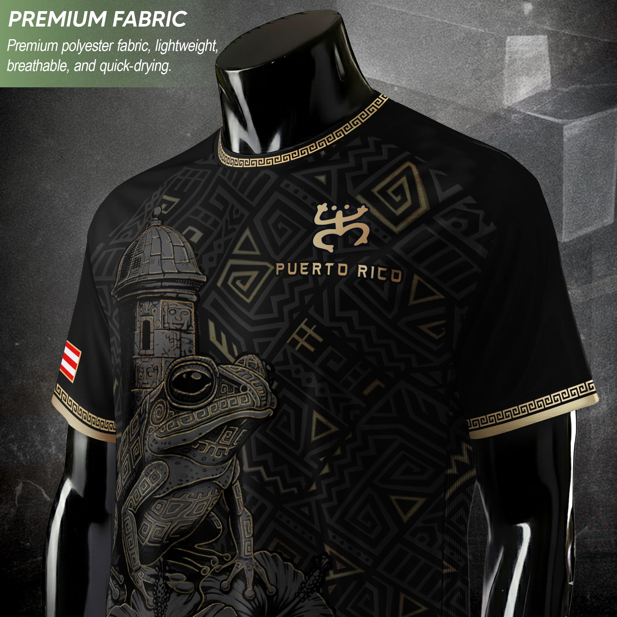 Puerto Rico Soccer Jersey Black Gold Coqui Frog Taino Pattern Patriotic