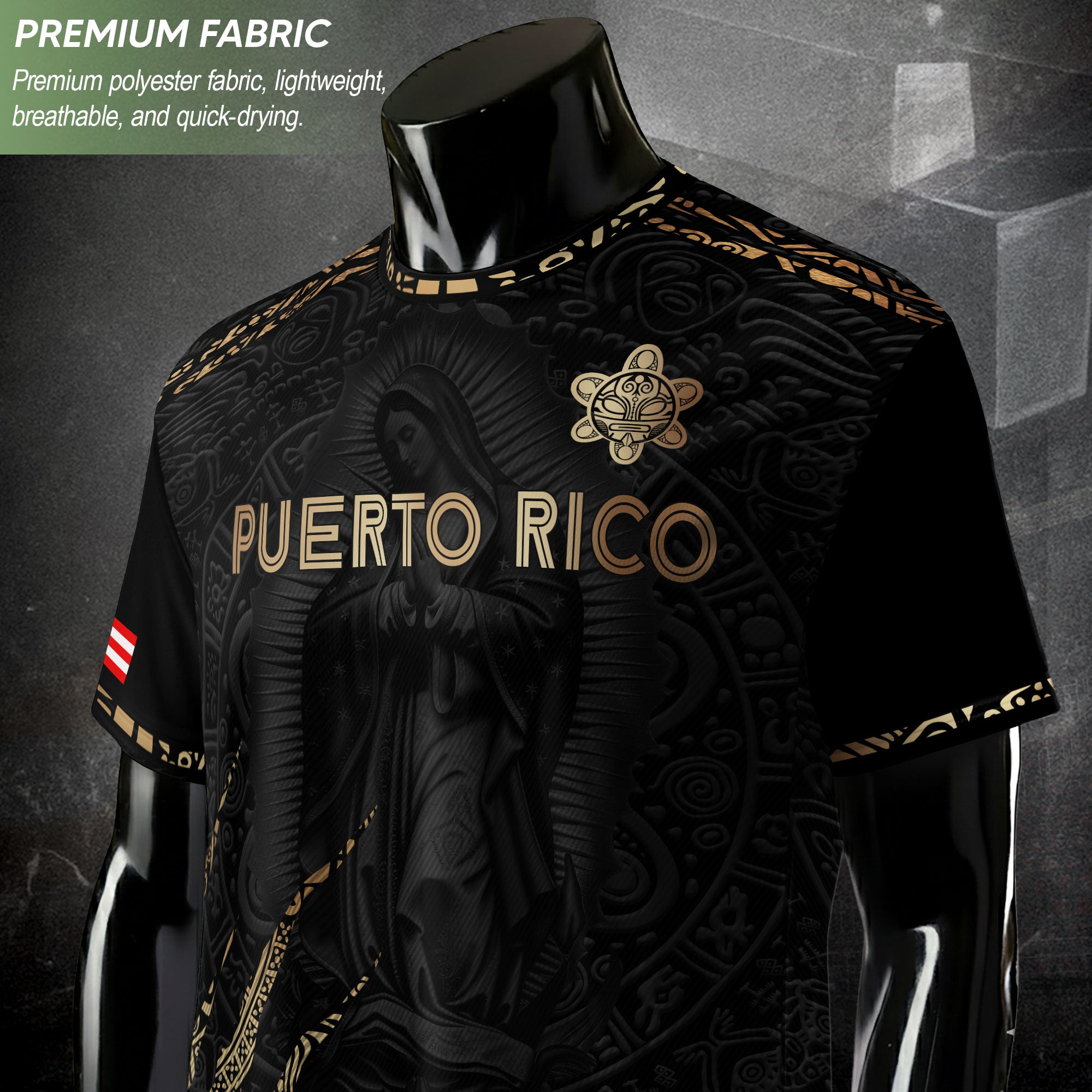 Puerto Rico Soccer Jersey Virgin Mary Guadalupe Taino Pattern Black Gold