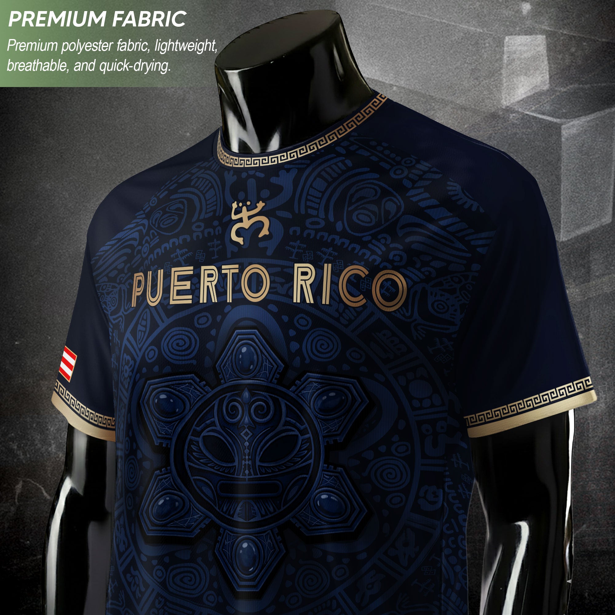 Puerto Rico Soccer Jersey Navy Gold Taino Sun Pattern National Pride Gear