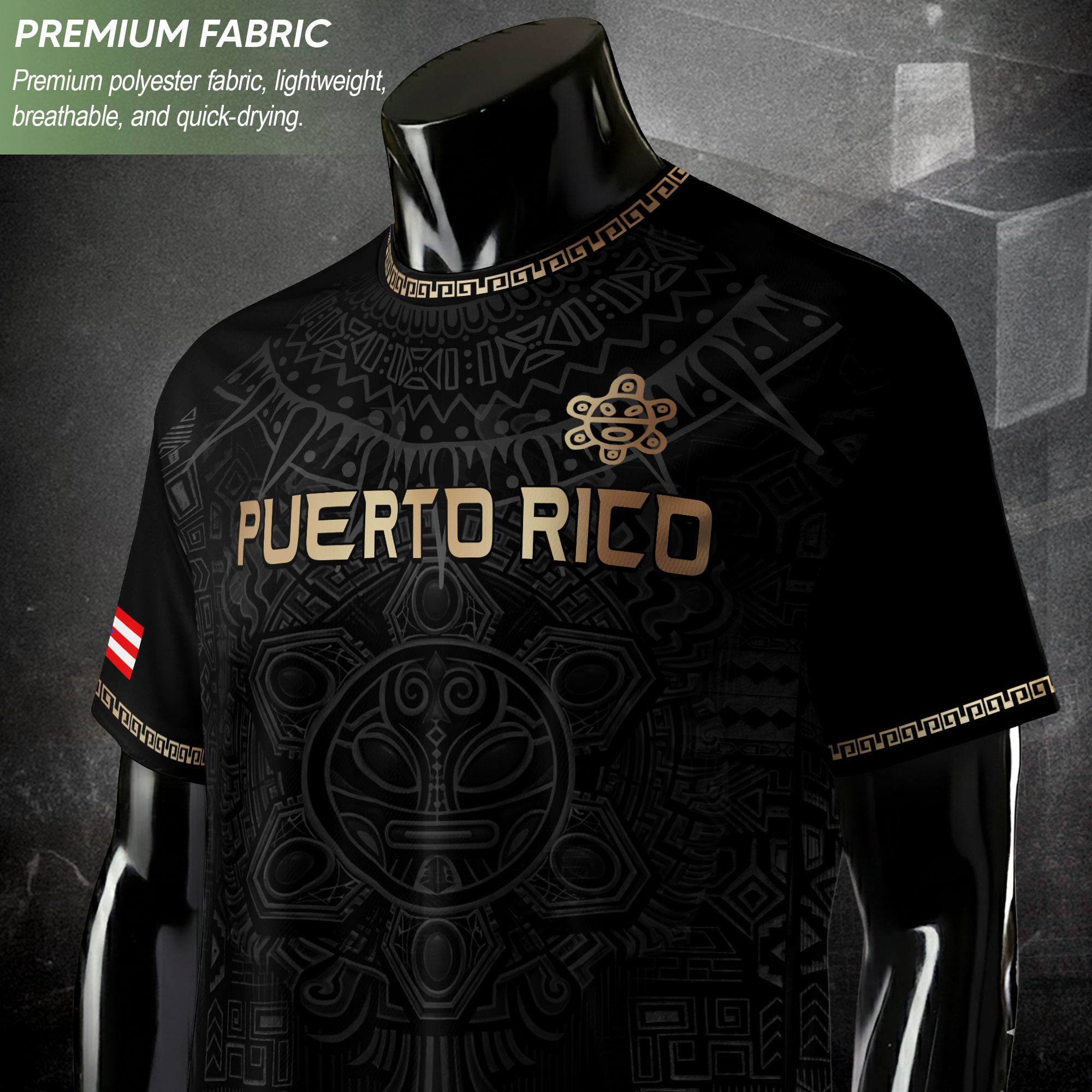 Camiseta de fútbol con máscara taína boricua azul marino de Puerto Rico, bandera tribal, orgullo nacional