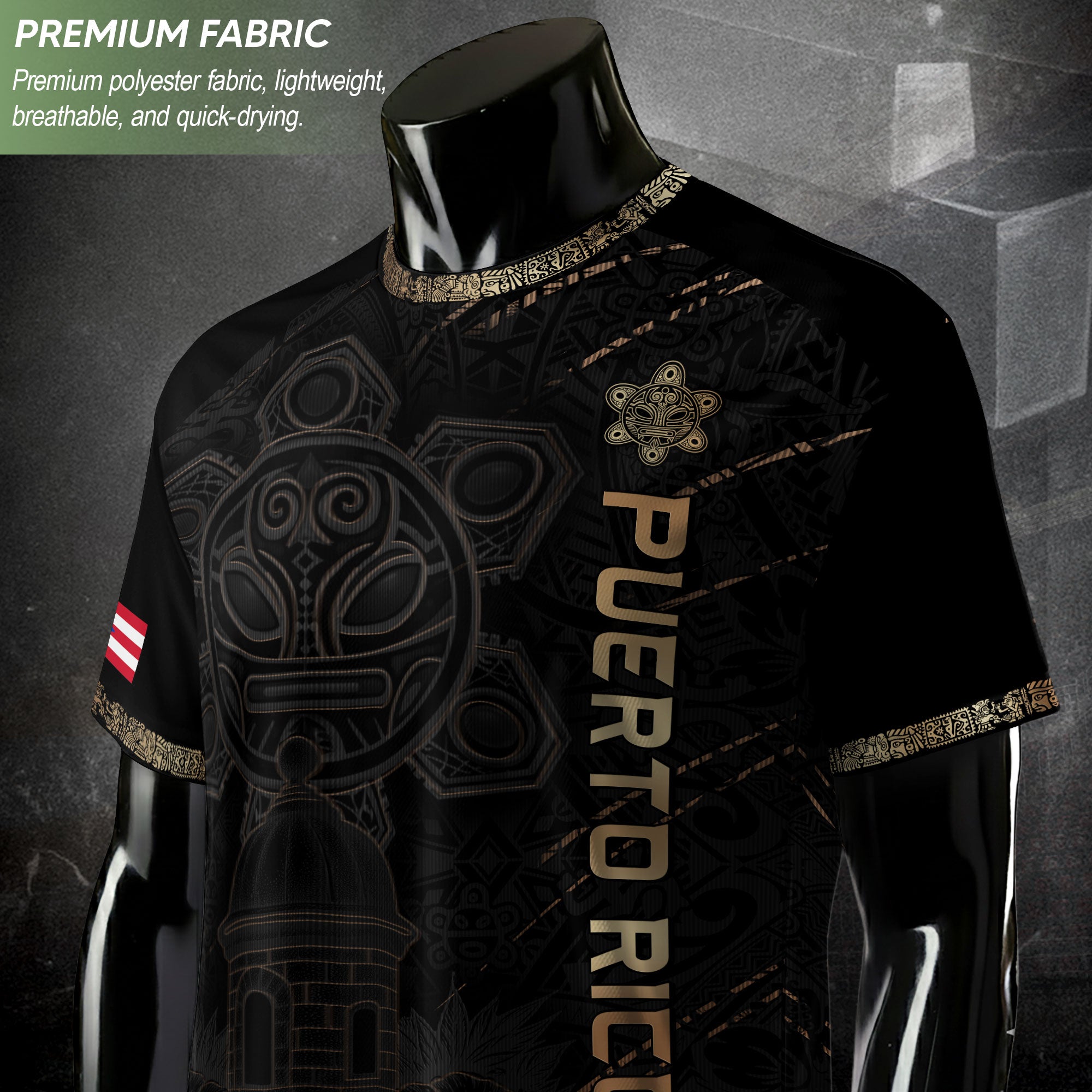 Puerto Rico Soccer Jersey Black Gold Taino Art Patriotic Fan Shirt