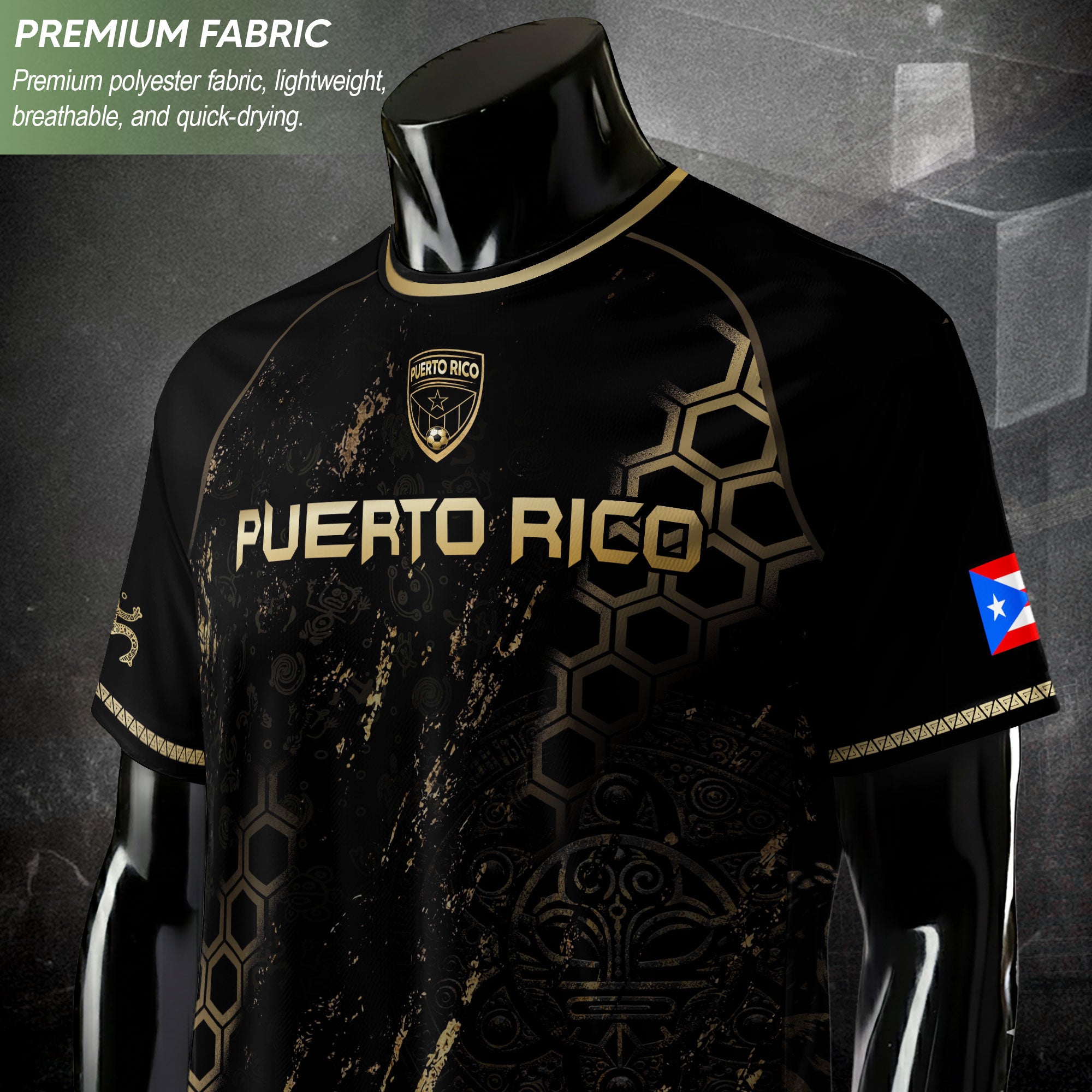 Puerto Rico Heritage Black Gold Coqui Frog Graphic Taino Mask Pride Soccer Jersey