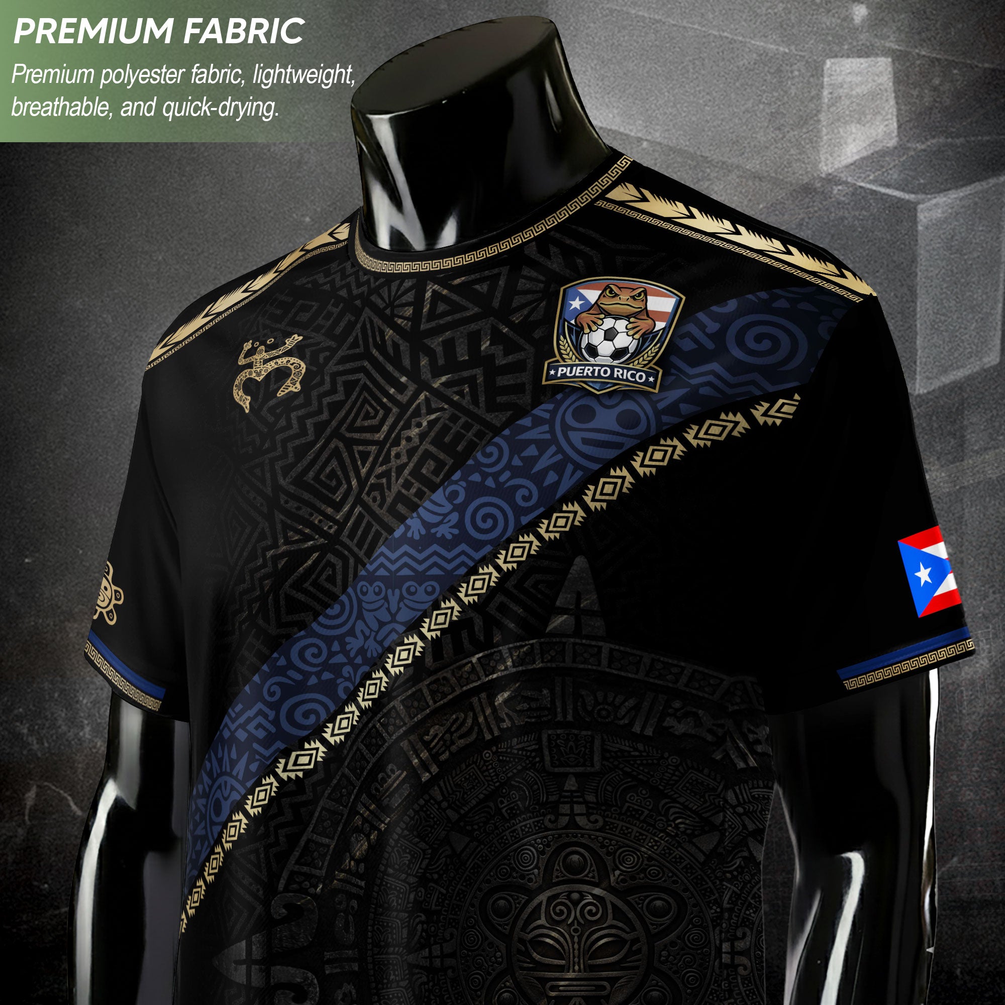 Puerto Rico Heritage Black Sash Graphic Gold Pattern Boricua Pride Soccer Jersey