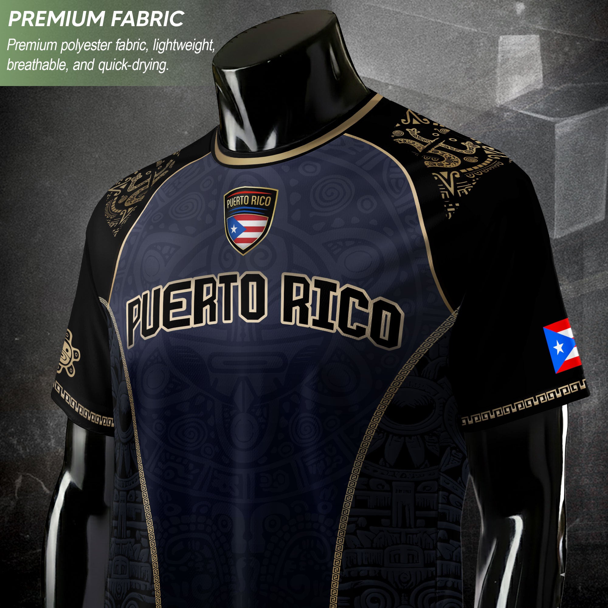 Puerto Rico Heritage Navy Gold Taino Graphic Pattern Coqui Pride Soccer Jersey