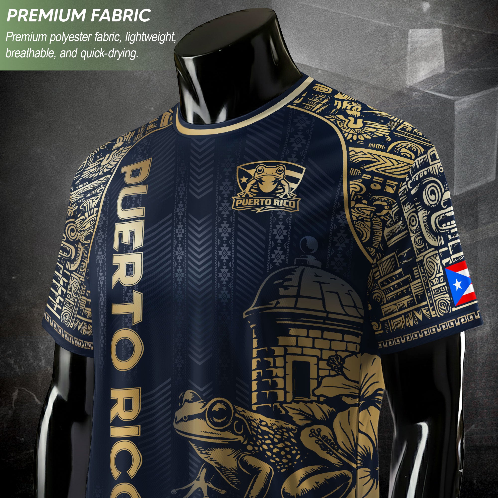 Puerto Rico Heritage Navy Gold Island Spirit Coqui Frog El Morro Graphic Pride Soccer Jersey