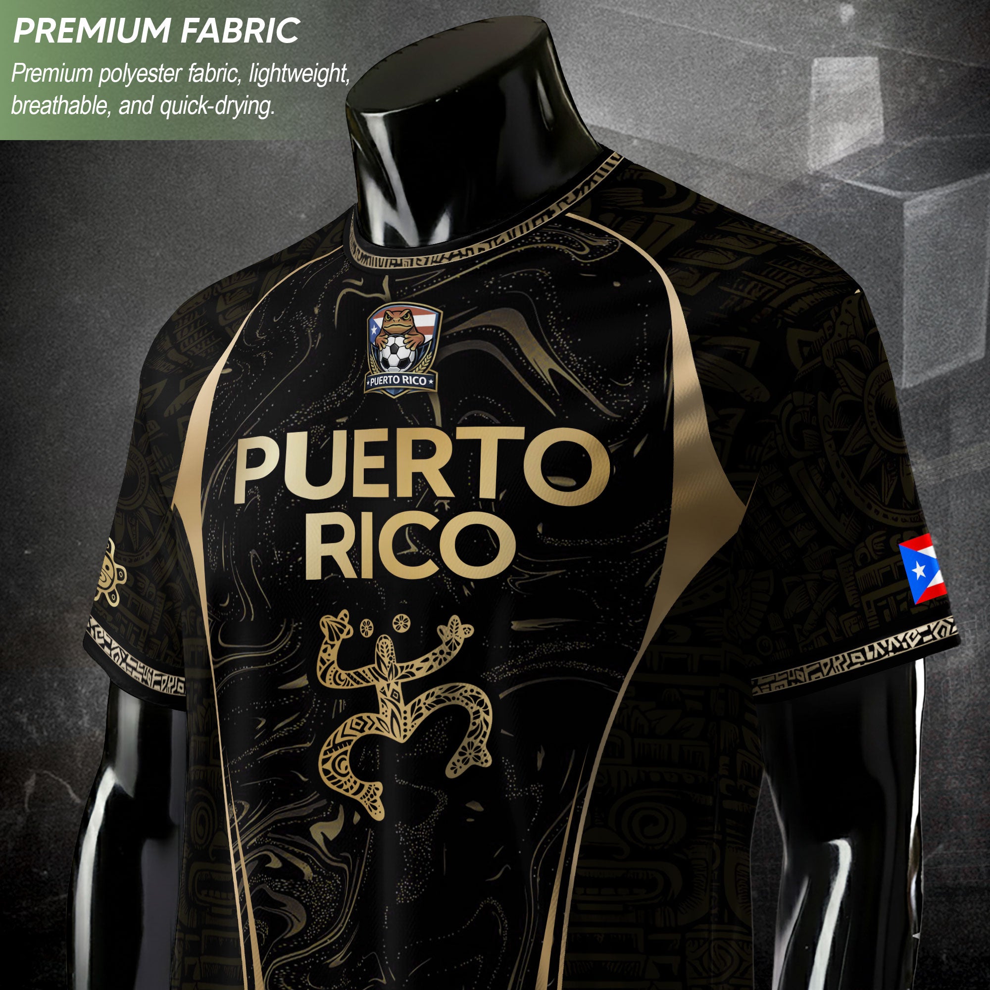 Puerto Rico Heritage Black Gold Coqui Taino Graphic Marble Pattern Pride Soccer Jersey