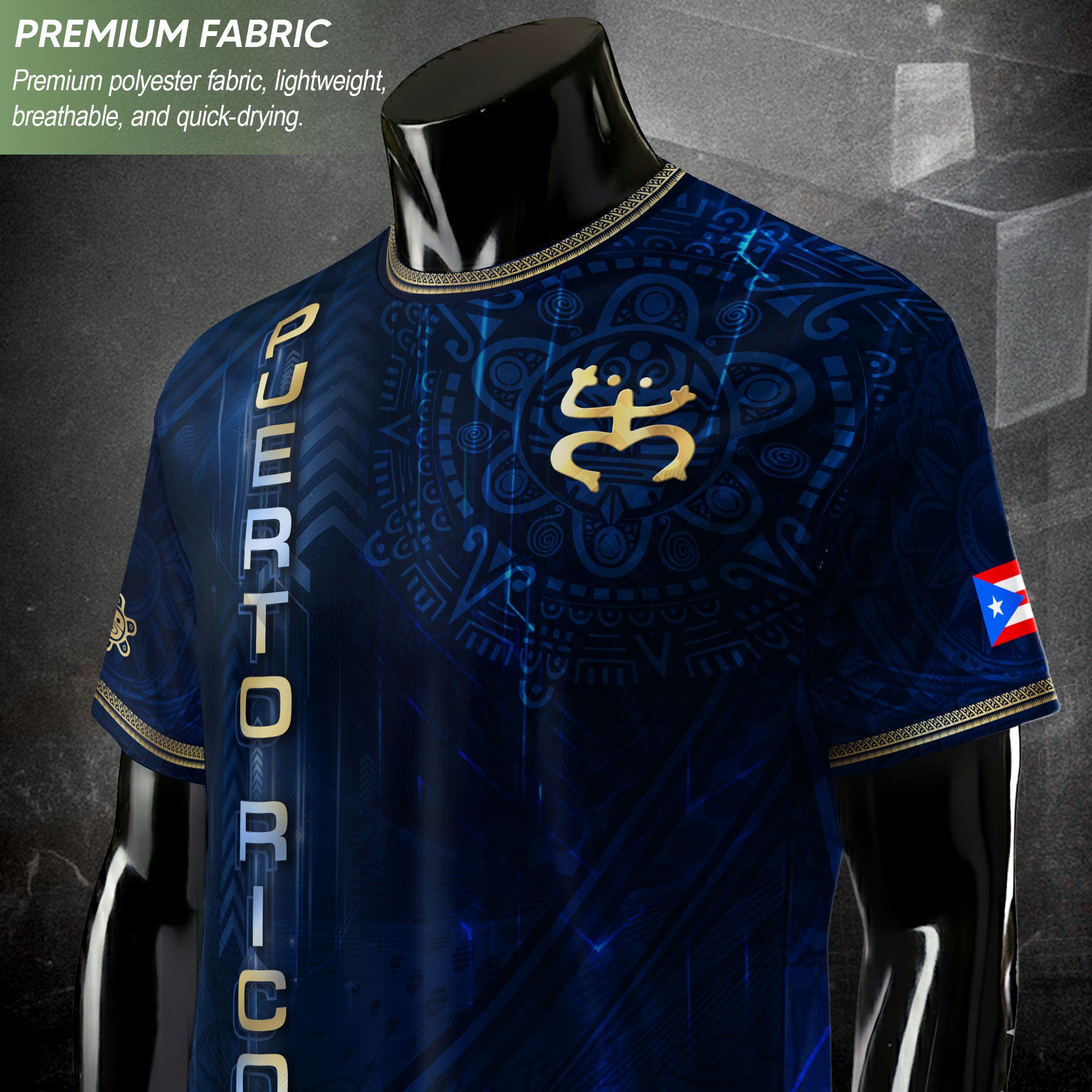 Puerto Rico Heritage Orgullo Boricua Navy Gold Detailed Island Map Coqui Soccer Jersey