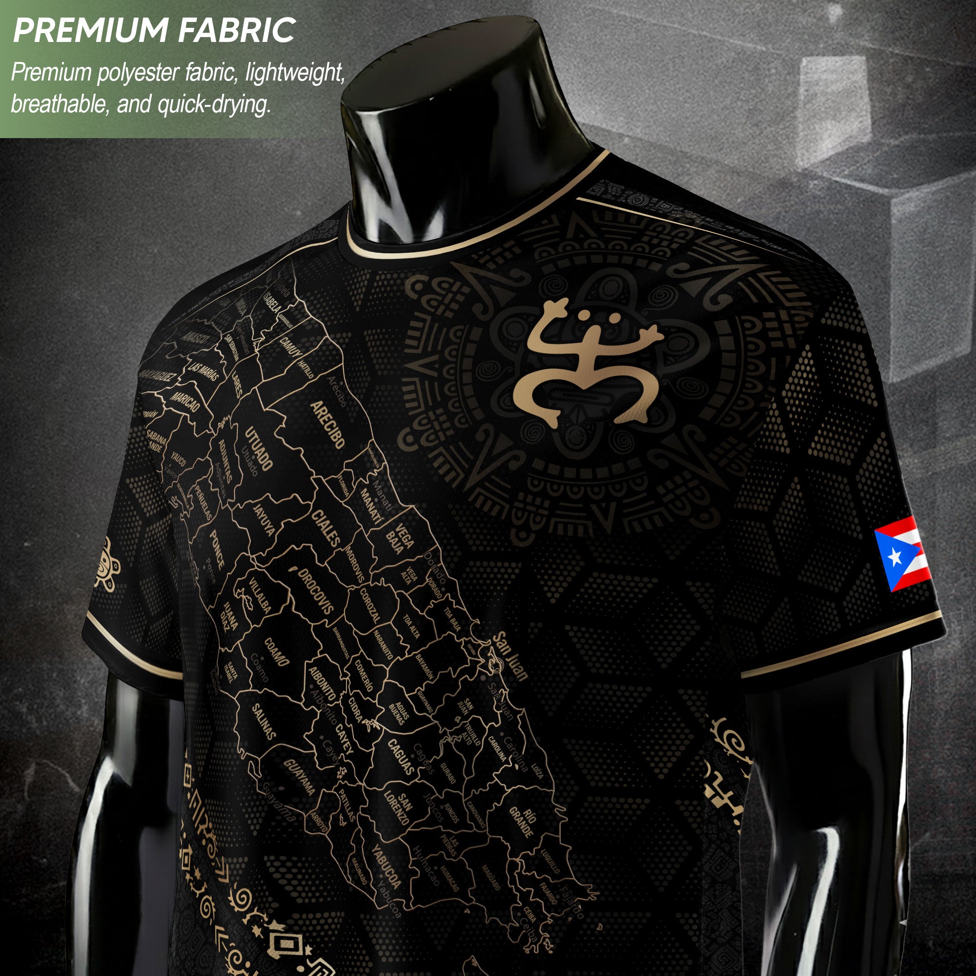 Puerto Rico Heritage Orgullo Boricua Black Gold Detailed Island Map Coqui Soccer Jersey
