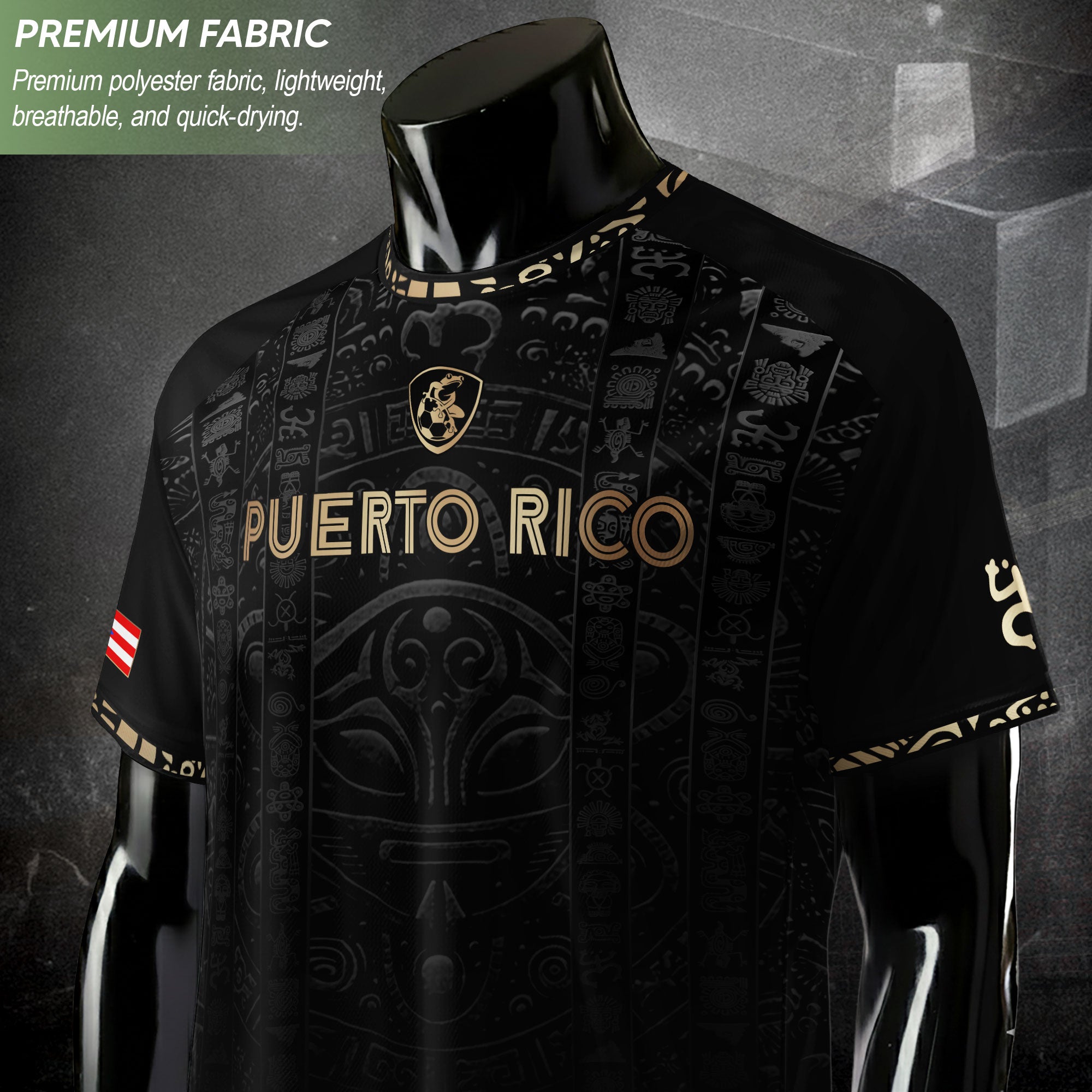 Camiseta de fútbol con máscara taína boricua azul marino de Puerto Rico, bandera tribal, orgullo nacional